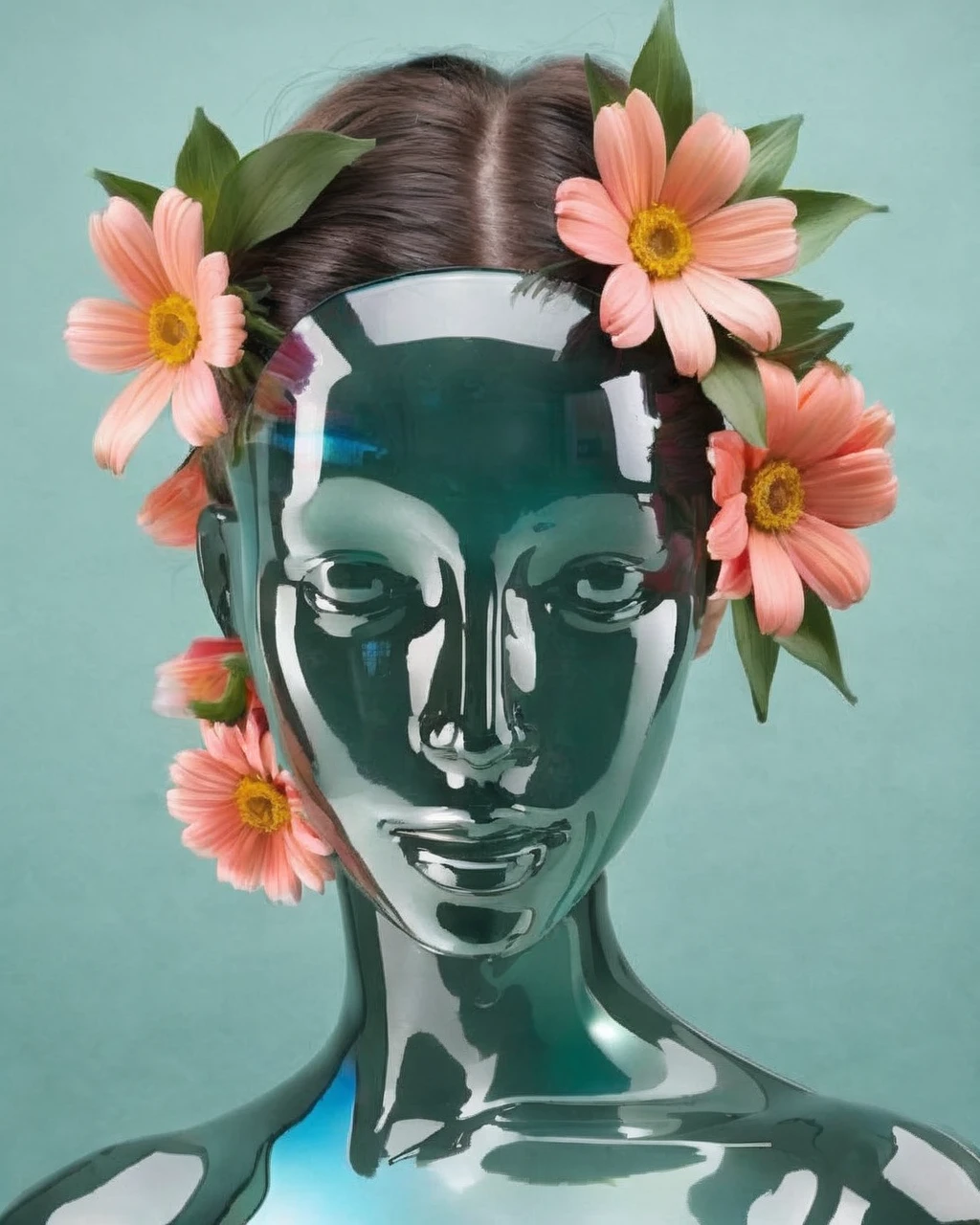 a woman with flowers in her hair and a face made of glass<lora:digital_human:1.0>