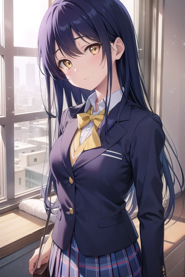umisonoda, <lora:umisonoda-lora-nochekaiser:1>,
umi sonoda, long hair, blue hair, (yellow eyes:1.5) (flat chest:1.2),
BREAK blazer, blue skirt, jacket, otonokizaka school uniform, pleated skirt, school uniform, winter uniform,
BREAK looking at viewer,
BREAK indoors, classroom,
BREAK <lyco:GoodHands-beta2:1>, (masterpiece:1.2), best quality, high resolution, unity 8k wallpaper, (illustration:0.8), (beautiful detailed eyes:1.6), extremely detailed face, perfect lighting, extremely detailed CG, (perfect hands, perfect anatomy),