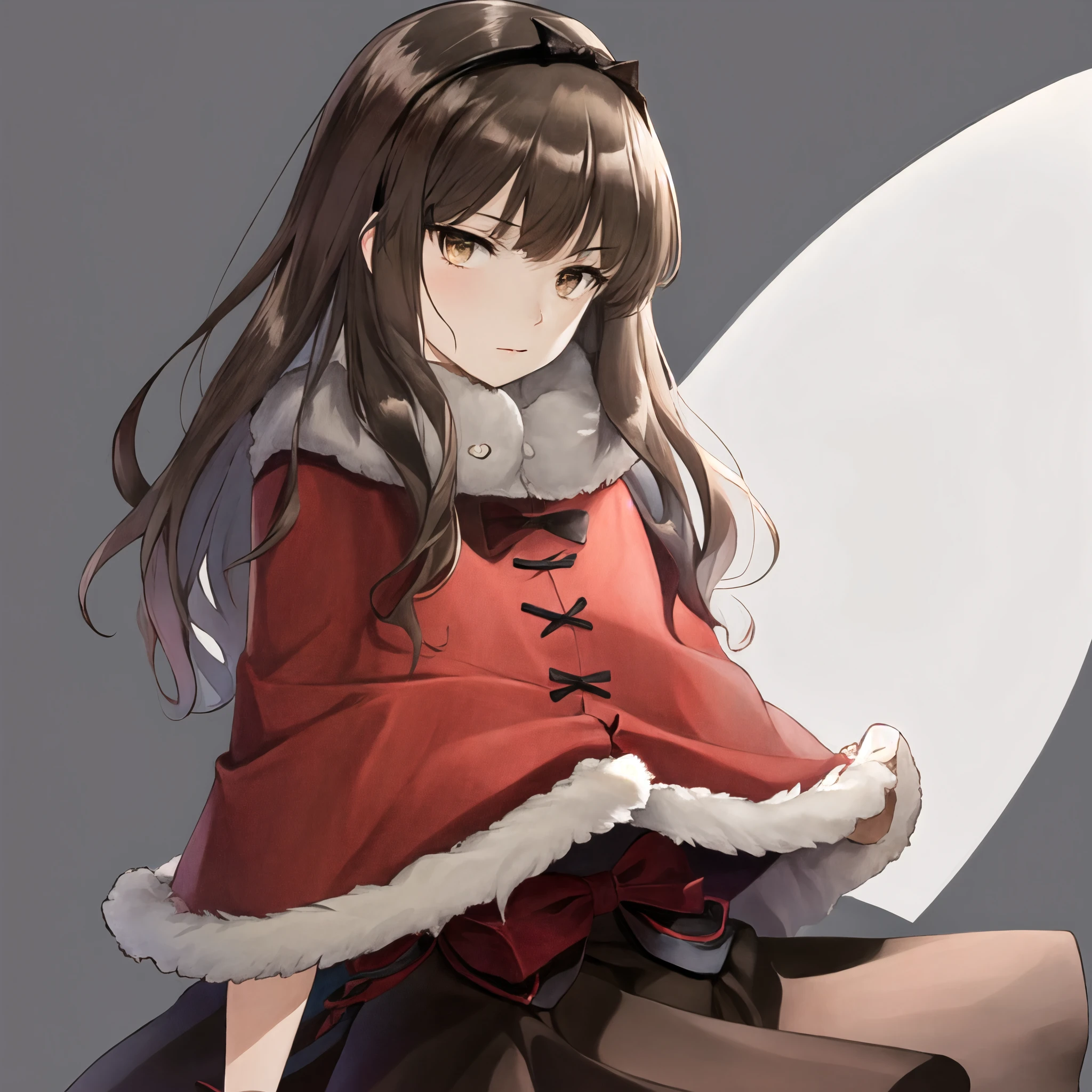 best quality masterpiece, hires,   Aria, 1girl, brown eyes, brown hair, fur trim, hairband, skirt, capelet, red capelet,  brown skirt, black bow