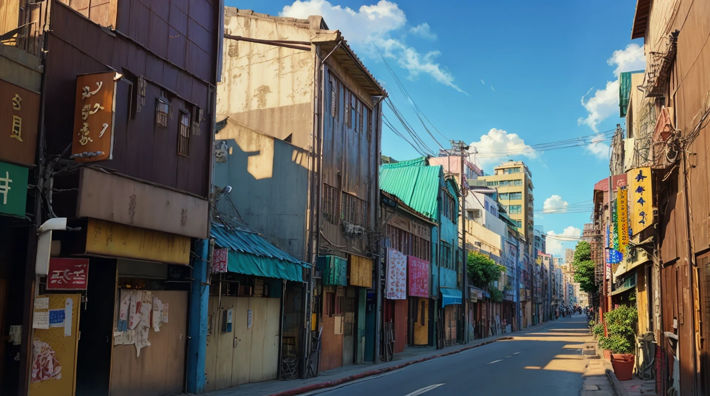 best quality,masterpiece,highly detailed,ultra-detailed, oldtaipei, no humans, scenery, outdoors, sign, building, sky, day, air conditioner, real world location, power lines, city, alley, cloud, blue sky, street, road <lora:oldtaipei:0.75> by fantasy art,