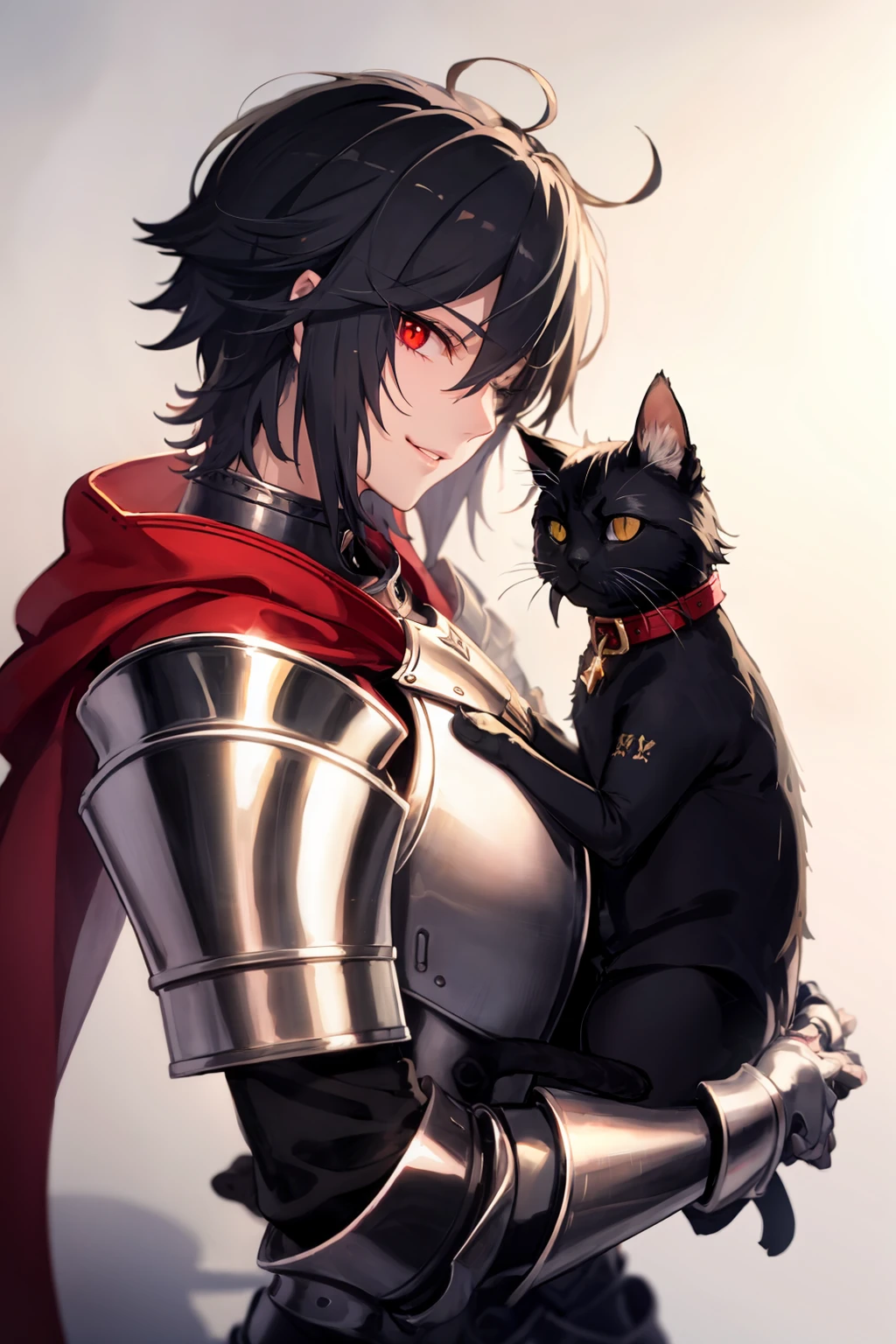 masterpiece, best quality, <lora:style03:1>,red eyes, cat, black cat, armor, 1boy, male focus, black hair, holding, shoulder armor, short hair, animal, hair between eyes, upper body, looking at viewer, bangs, parted lips, gauntlets, black armor, gloves, collar, holding animal, pauldrons, spikes, solo, shadow, holding cat, red gloves, long sleeves, gradient background, smile, gradient, from side, hand up, one eye closed, shoulder spikes, eyes visible through hair, slit pupils, mechanical arms, breastplate, red collar, simple background, closed mouth