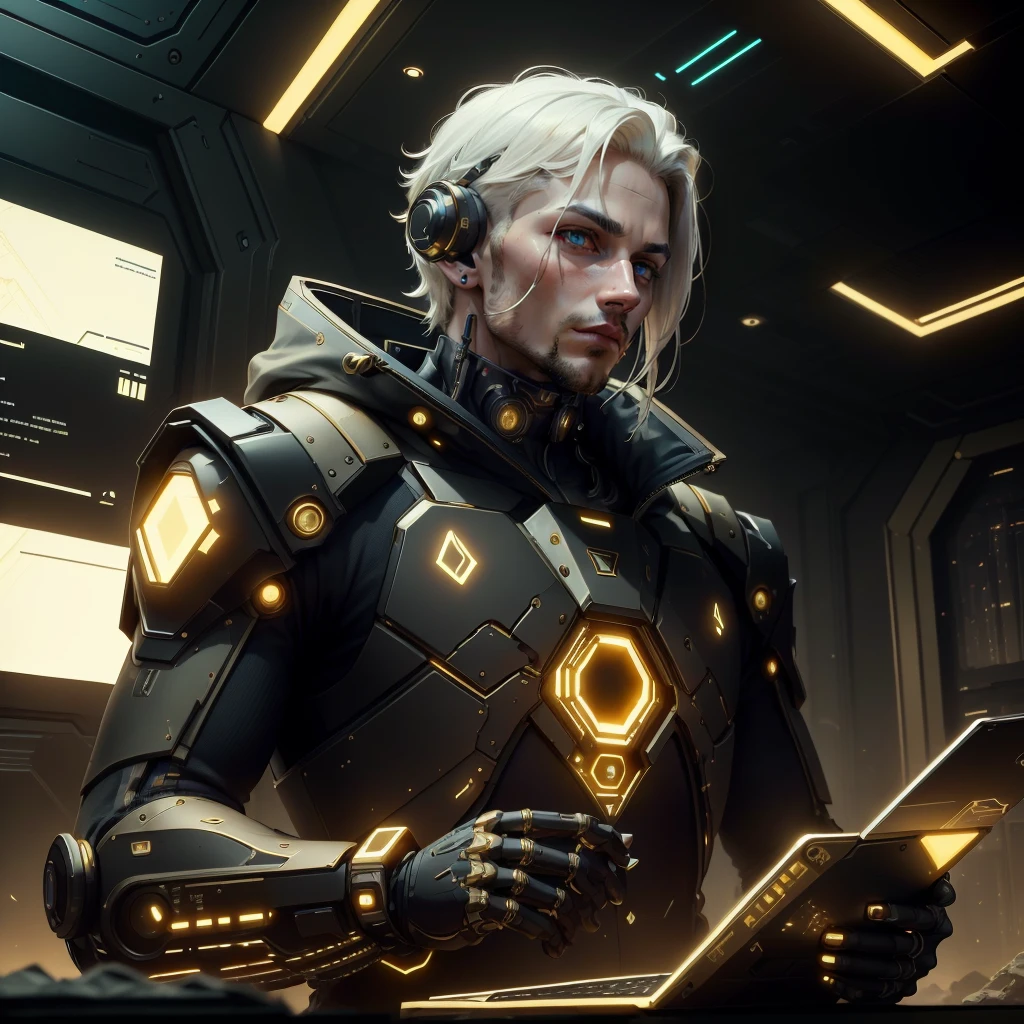 <lora:LuxTech-20:0.8>,luxtech ,scifi, luxurious, cyberpunk,
scholar , scroll, 1boy,long hair, white hair, glowing eyes,