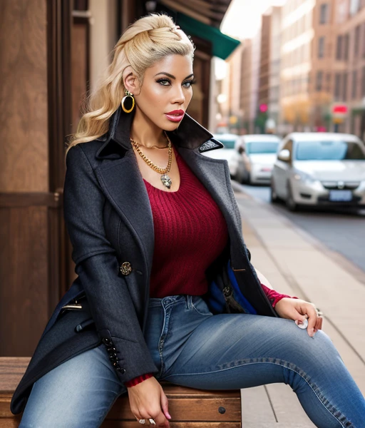 photorealistic, Bridgette, <lora:Bridgette-10:1.0>, long coat,  pullover, jeans, portrait shot, earrings, jewelry