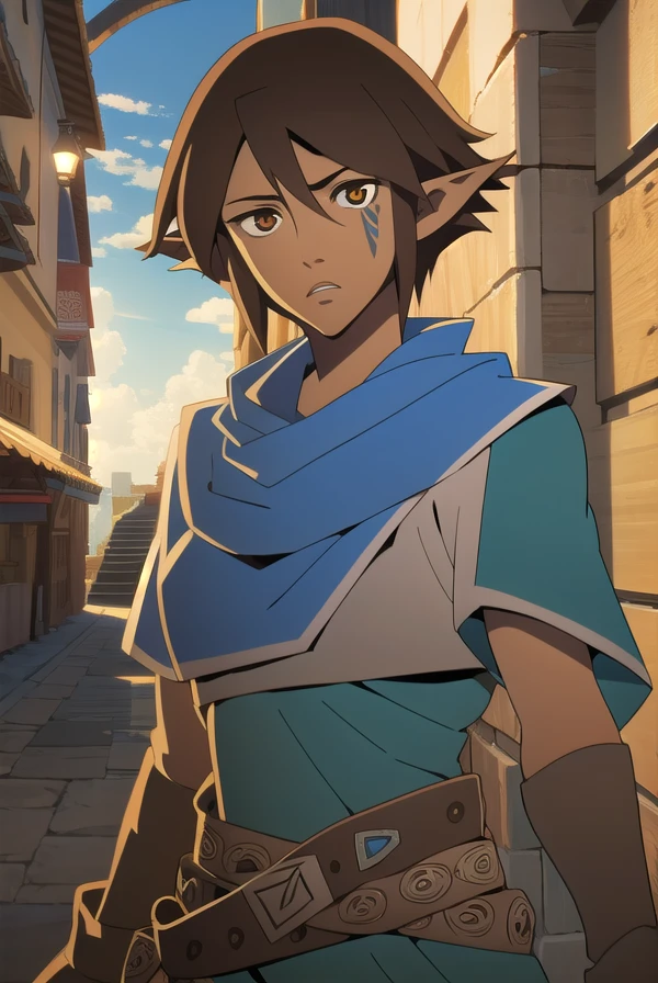 dragonagemiriam, <lora:miriam-lora-nochekaiser:1>,
miriam, short hair, brown hair, pointy ears, elf, (brown eyes:1.4), facial mark,
BREAK belt, scarf, armor, blue scarf,
BREAK looking at viewer,
BREAK outdoors,
BREAK <lyco:GoodHands-beta2:1>, (masterpiece:1.2), best quality, high resolution, unity 8k wallpaper, (illustration:0.8), (beautiful detailed eyes:1.6), extremely detailed face, perfect lighting, extremely detailed CG, (perfect hands, perfect anatomy),