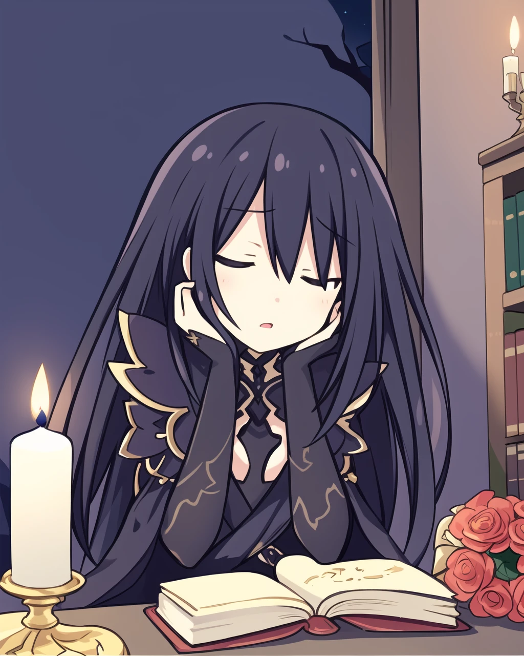 extremely detailed CG unity 8k wallpaper, masterpiece, best quality, ultra-detailed, an extremely delicate and beautiful, night, dark, dim candlelight, candle, messy study room, many books, grimoire, book stock, magic girl, sleepy, head rest, black robe, vase, finely detail,, masterpiece, best quality,