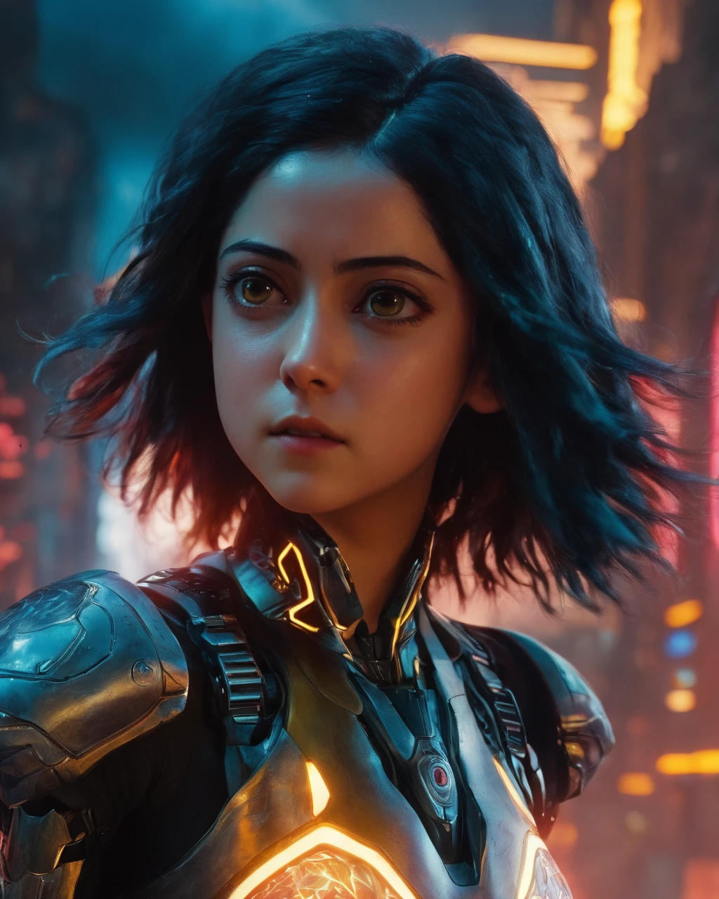 rosa_salazar_alita, <lora:RosaSalazarXL:1>, big eyes, robot, science fiction, realistic, android, cyborg, ((glowing strands, glowing yellow electric cybernetics embeddings in hair, red glowing cracks in armor)),epic cyberpunk city in background, ((blue flames, blue fire)), firedragon, dragon shaped flames, fire circles, dramatic lighting, smoke, evil, very long hair, long floating hair, windy, storm,splash, fire particles, toxic environment, cyberpunk theme, ,((sharp face, detailed face, realistic face, naturtal skin, realistic skin, detailed skin, pores))