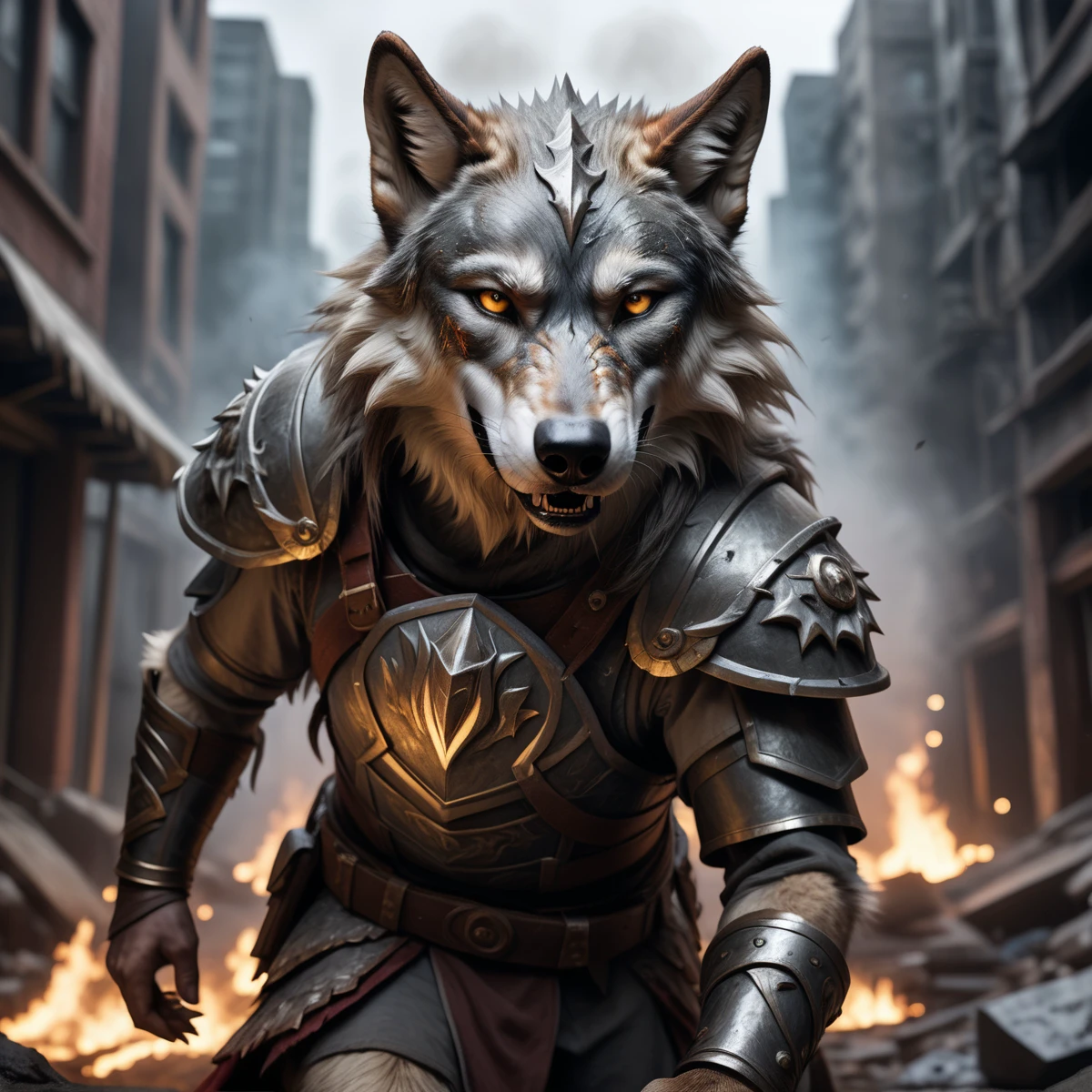 ethereal fantasy concept art of  ((closeup)), ((detailed fenris wolf )),fangs, angry, wearing runes armor, ragnark, destroyed city after nuclear blast flodded with ((black water:1.2)), post apocalyptic, warzone, fire , smoke, high quality photography, 3 point lighting, flash with softbox, 4k, Canon EOS R3, hdr, smooth, sharp focus, high resolution, award winning photo, 80mm, f2.8, bokeh . magnificent, celestial, ethereal, painterly, epic, majestic, magical, fantasy art, cover art, dreamy
