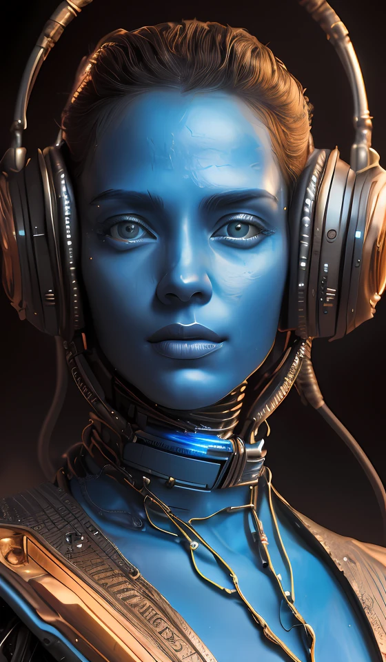 cinematic bust portrait of a blue djinn with microphone from left, head and chest only, exotic alien features, robotic enhancements, desaturated, tim hildebrandt, wayne barlowe, bruce pennington, donato giancola, larry elmore, oil on canvas, masterpiece, trending on artstation, featured on pixiv, cinematic composition, dramatic pose, beautiful lighting, sharp, details, hyper - detailed, hd, hdr, 4 k, 8 k