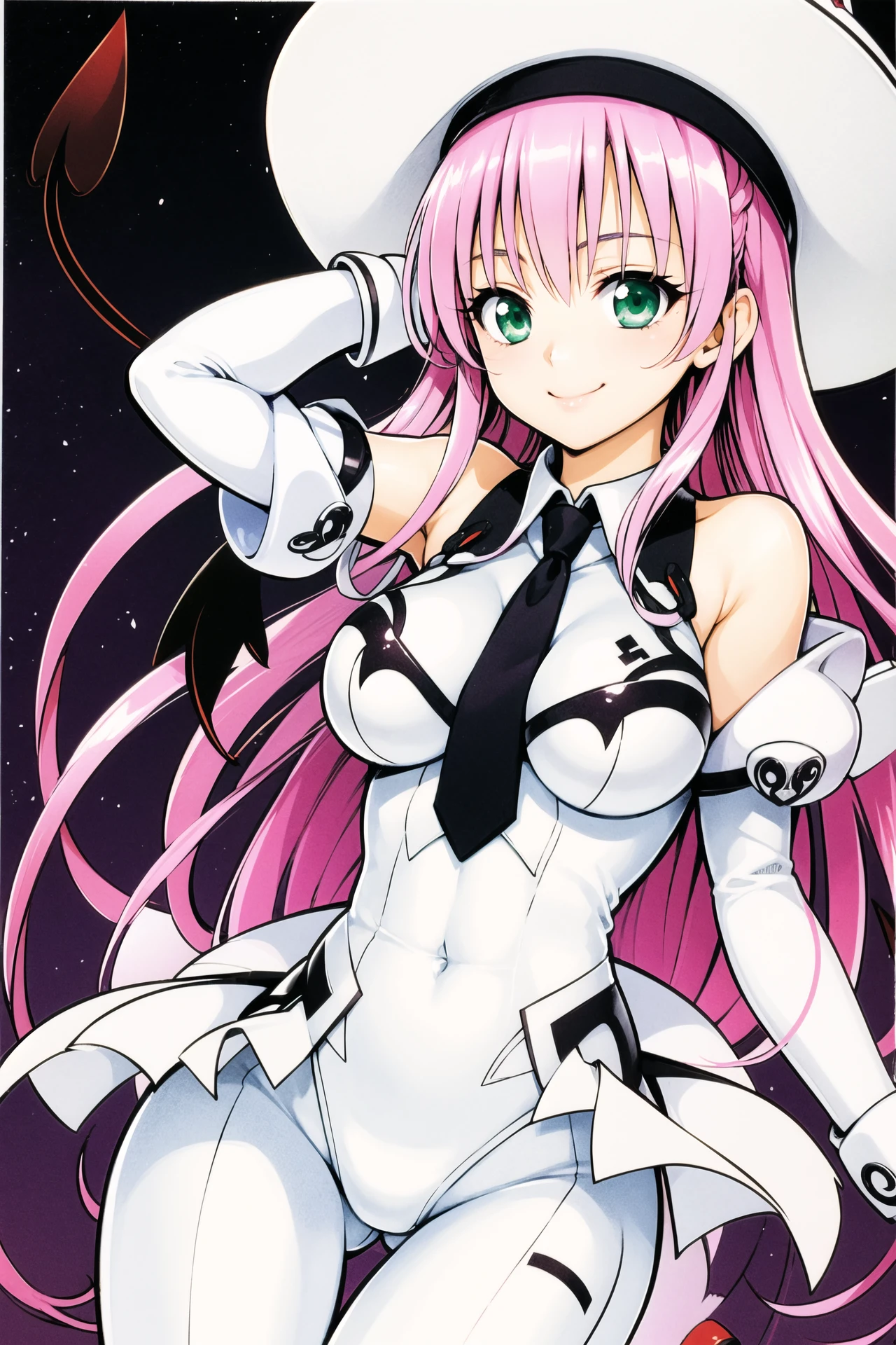 lala satalin deviluke, 1girl, pink hair, green eyes, long hair, white hat, tail, white leotard, bodysuit, demon tail, necktie, smile, <lora:Yabuki Kentarou:0.8>