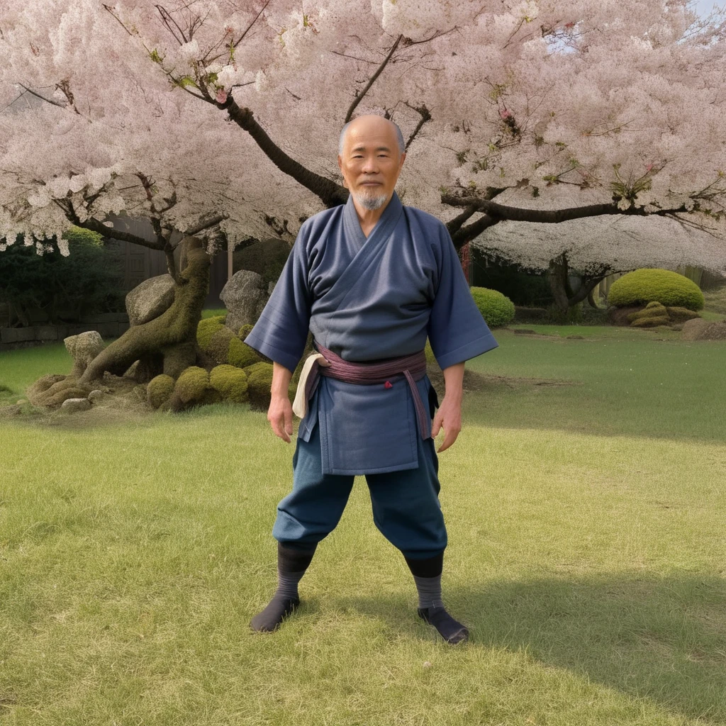 ancient kung-fu master, old, standing in high grass in front of cherry blossom tree, intricate detail, cinematic