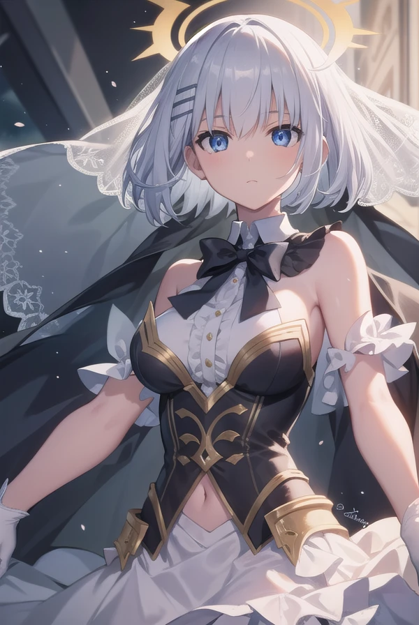 origamitobiichi, <lora:origamitobiichi-lora-nochekaiser:1>,
origami tobiichi, blue eyes, short hair, school uniform, white hair, hair clips, hair pins,
BREAK elbow gloves, frilled skirt, frills, gloves, navel, skirt, white gloves, white skirt, halo, wedding veil, veil,
BREAK looking at viewer,
BREAK outdoors,
BREAK <lyco:GoodHands-beta2:1>, (masterpiece:1.2), best quality, high resolution, unity 8k wallpaper, (illustration:0.8), (beautiful detailed eyes:1.6), extremely detailed face, perfect lighting, extremely detailed CG, (perfect hands, perfect anatomy),