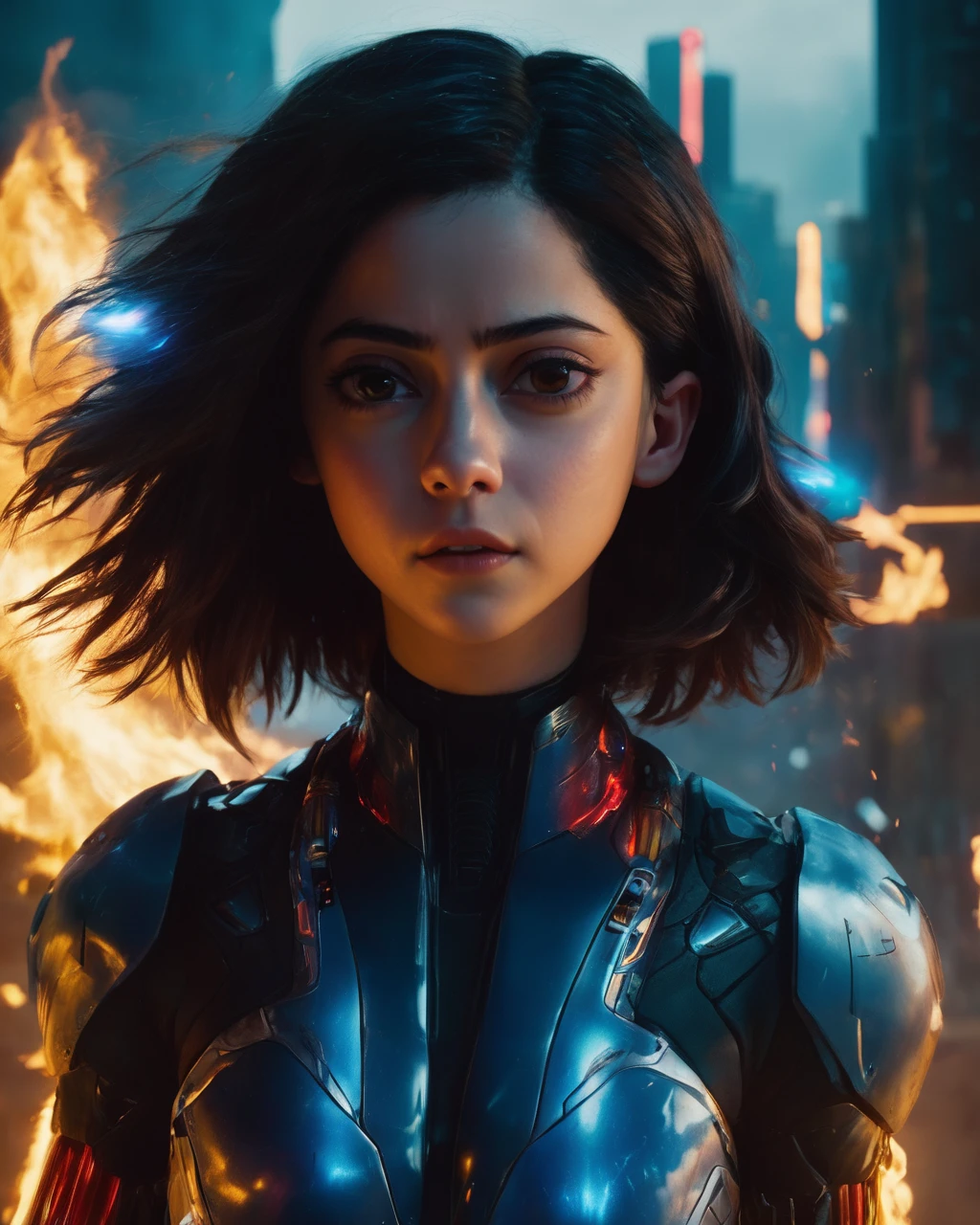 rosa_salazar_alita, <lora:RosaSalazarXL:1>, big eyes, robot, science fiction, realistic, android, cyborg, ((glowing strands, glowing yellow electric cybernetics embeddings in hair, red glowing cracks in armor)),epic cyberpunk city in background, ((blue flames, blue fire)), firedragon, dragon shaped flames, fire circles, dramatic lighting, smoke, evil, very long hair, long floating hair, windy, storm,splash, fire particles, toxic environment, cyberpunk theme, ,((sharp face, detailed face, realistic face, naturtal skin, realistic skin, detailed skin, pores))