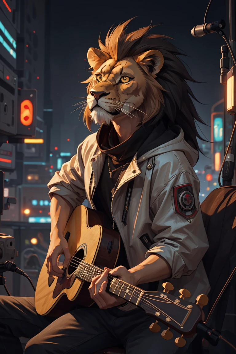 ((best quality)),((masterpiece)),cyberpunk,a lion playing guitar in a vocal concert,dramatic atmosphere,
