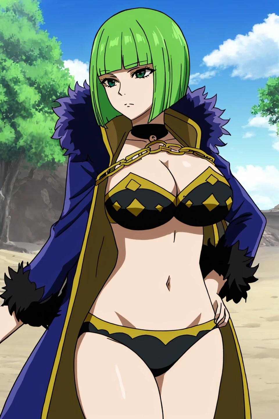 brandish, fairy tail, anime art style, 1girl, solo, breasts, short_hair, bangs, large_breasts, navel, cleavage, closed_mouth, green_eyes, swimsuit, bikini, outdoors, green_hair, open_clothes, sky, day, blunt_bangs, tree, blue_sky, coat, hand_on_hip, fur_trim, tattoo, black_bikini, chain, bob_cut