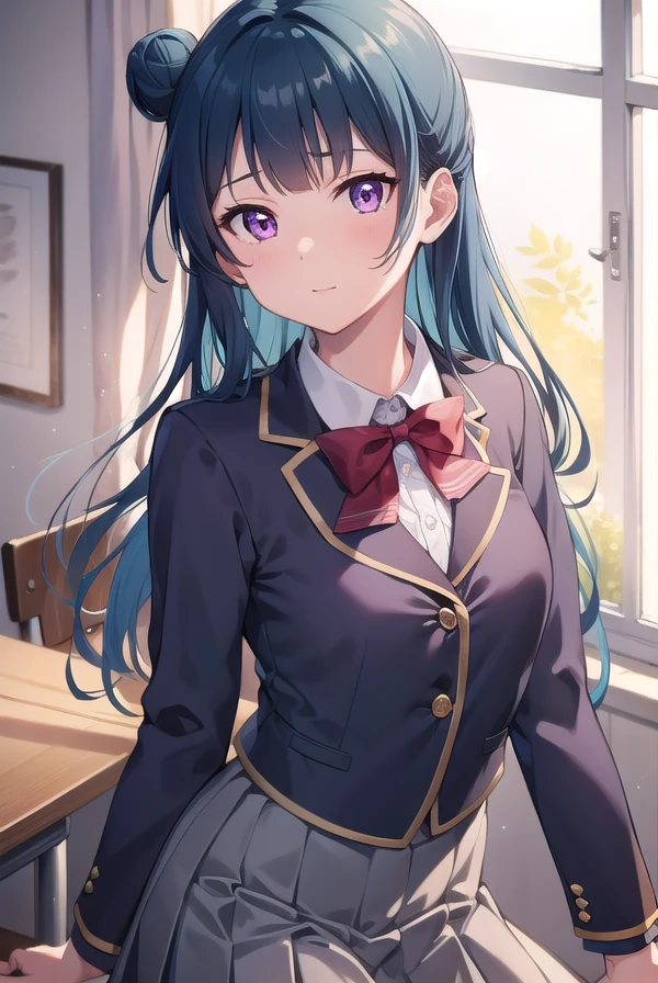 yoshikotsushima, <lora:yoshikotsushima-lora-nochekaiser:1>,
yoshiko tsushima, blue hair, hair bun, (purple eyes:1.1), single side bun, bangs, long hair, (small breast:1.2),
BREAK bow, bowtie, buttons, grey skirt, long sleeves, pleated skirt, school uniform, serafuku, skirt, uranohoshi school uniform, yellow bow, yellow bowtie, sleeveless,
BREAK looking at viewer,
BREAK indoors, classroom,
BREAK <lyco:GoodHands-beta2:1>, (masterpiece:1.2), best quality, high resolution, unity 8k wallpaper, (illustration:0.8), (beautiful detailed eyes:1.6), extremely detailed face, perfect lighting, extremely detailed CG, (perfect hands, perfect anatomy),