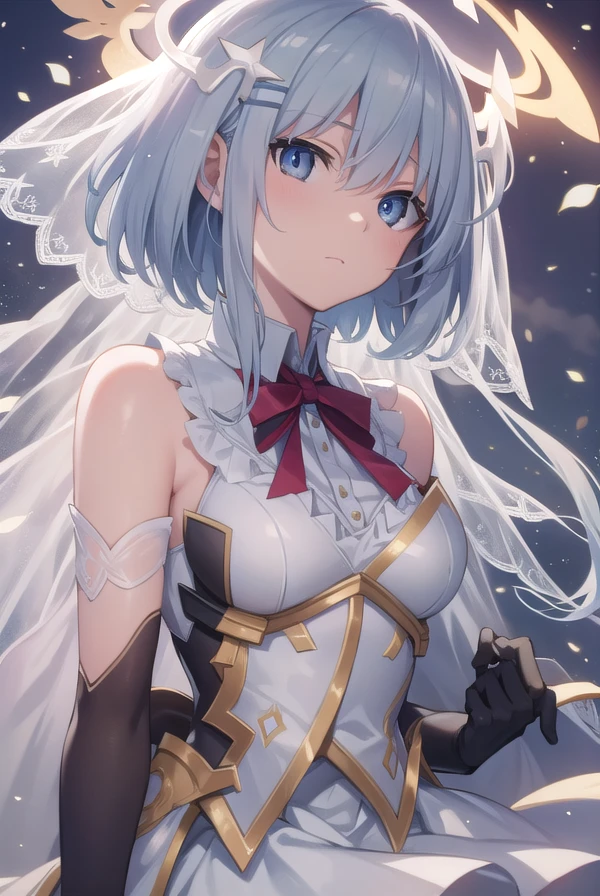 origamitobiichi, <lora:origamitobiichi-lora-nochekaiser:1>, 
origami tobiichi, blue eyes, short hair, school uniform, white hair, hair clips, hair pins,
BREAK elbow gloves, frilled skirt, frills, gloves, skirt, white gloves, white skirt, (halo:1.5), wedding veil, veil, dress, white dress,
BREAK looking at viewer,
BREAK outdoors,
BREAK <lyco:GoodHands-beta2:1>, (masterpiece:1.2), best quality, high resolution, unity 8k wallpaper, (illustration:0.8), (beautiful detailed eyes:1.6), extremely detailed face, perfect lighting, extremely detailed CG, (perfect hands, perfect anatomy),
