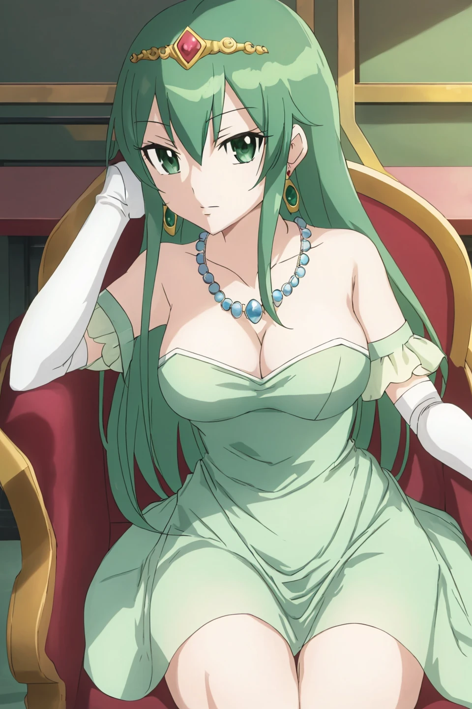 hisui, fairy tail, anime art style, 1girl, solo, long_hair, breasts, looking_at_viewer, gloves, dress, cleavage, bare_shoulders, jewelry, sitting, green_eyes, earrings, green_hair, elbow_gloves, necklace, white_dress, chair, tiara