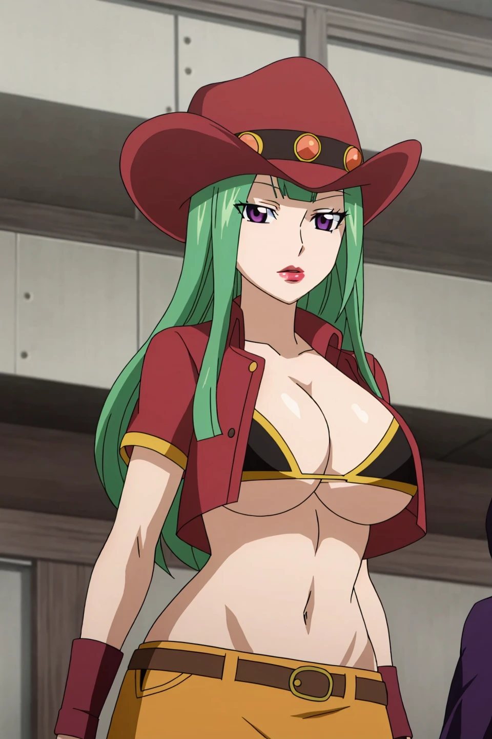 bisca, fairy tail, anime art style, 1girl, solo, long_hair, breasts, looking_at_viewer, large_breasts, hat, cleavage, purple_eyes, green_hair, makeup, underboob, lipstick, cowboy_hat, cowboy_western