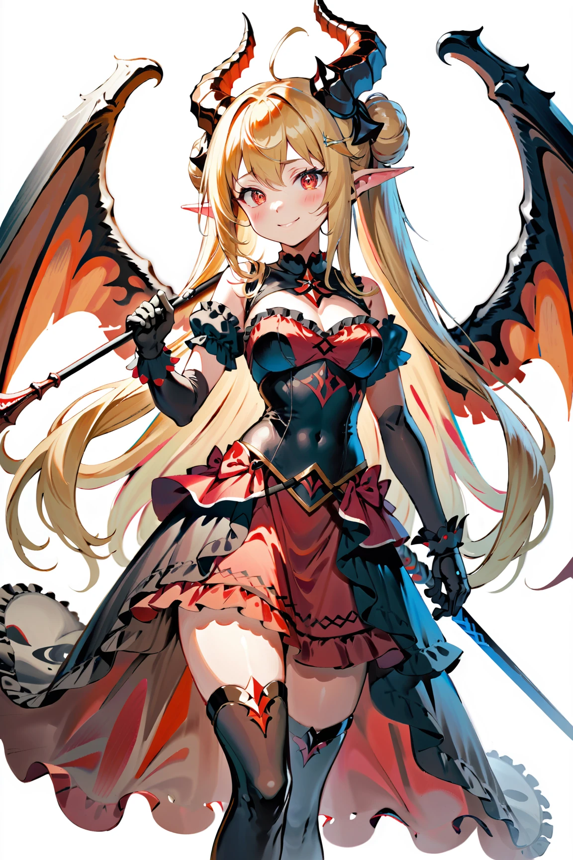 ultra-detailed,(best quality),((masterpiece)),(highres),original,extremely detailed 8K wallpaper,(an extremely delicate and beautiful),((detailed face)),beautiful detail eyes,
anime
1girl, horns, long hair, solo, wings, polearm, hat, weapon, blonde hair, boots, knee boots, looking at viewer, gloves, dress, short sleeves, pointy ears, smile, hand on hip, holding, white background, very long hair, ascot, black gloves, bangs, holding weapon, frills, hair bun, demon horns, hairband, demon girl, simple background, red headwear, black footwear, spear, red hairband, frilled dress, holding polearm
<lora:pencil_xl:0.3>