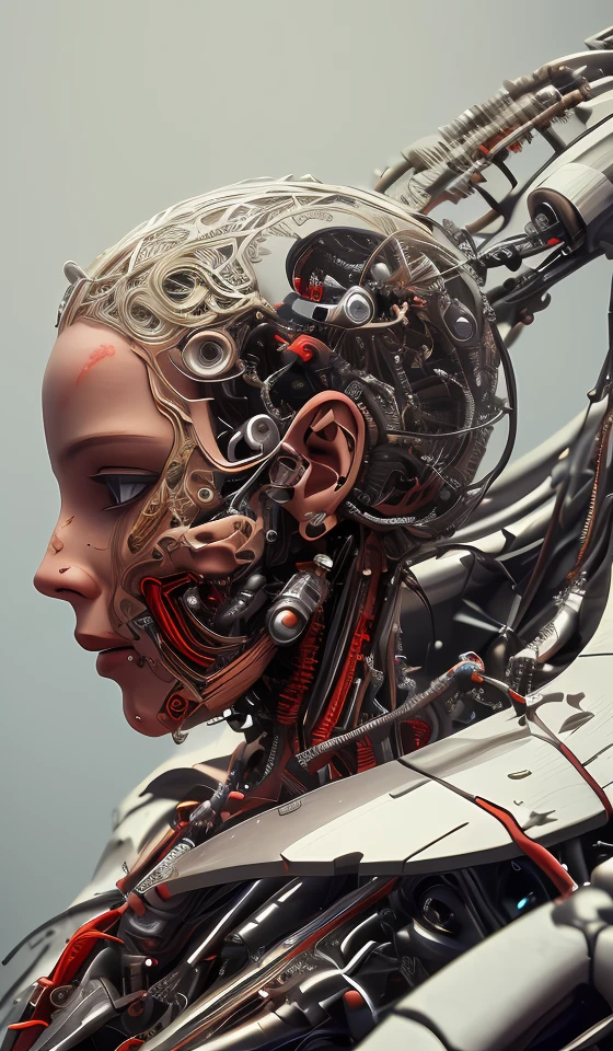 8K, fire ,red, flame,,explosion, , highly detailed, a beautiful ultra detailed of a beautiful profile, biomechanical cyborg,deamon 1mechanical girl,((ultra realistic details))woman with all ruby red dress, fantasy,, fantasy, intricate, elegant, highly detailed, , sharp focus, illustration,red black hole, MCSkin complex 3d render ultra detailed of a beautiful profile, biomechanical cyborg, analog, 150 mm lens, beautiful natural soft rim light, big leaves and stems, roots, fine foliage lace, colorful details, samourai, Boris Bidjan Saberi outfit, pearl earring, piercing, art nouveau fashion embroidered, intricate details, mesh wire, mandelbrot fractal, anatomical, facial muscles, cable wires, microchip, badass, hyper realistic, ultra detailed, octane render, volumetric lighting, 8k post-production, red and white with a bit of black, detailled metalic bones, semi human, iridescent colors, Glenn Brown style, white room,(art by David Sims:1.3),,<lora:LowRA:.9>dark theme
