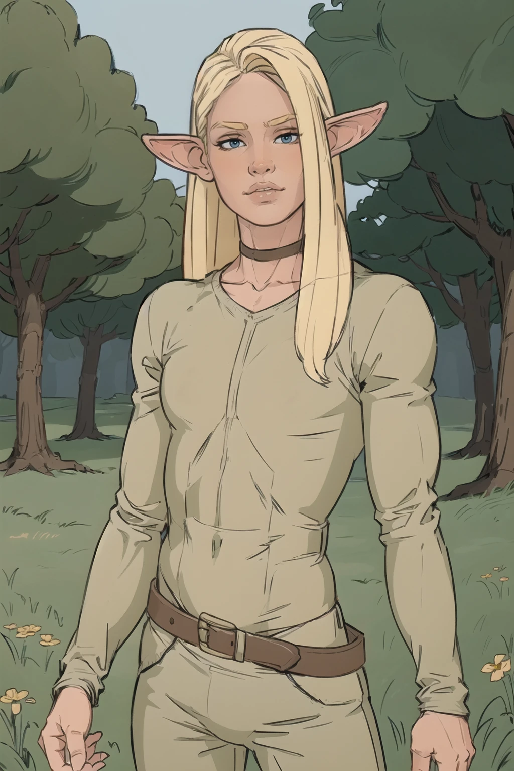 skinny short elf (male:1.4), blonde long hair, solo, medieval, fantasy, castle, field, outdoors, trees, cowboy shot, beautiful, ((masterpiece:1.2)), ((best quality:1.2)), extremely detailed face, perfect eyes, perfect face, perfect lighting, <lora:Nacnacv4:0.8>