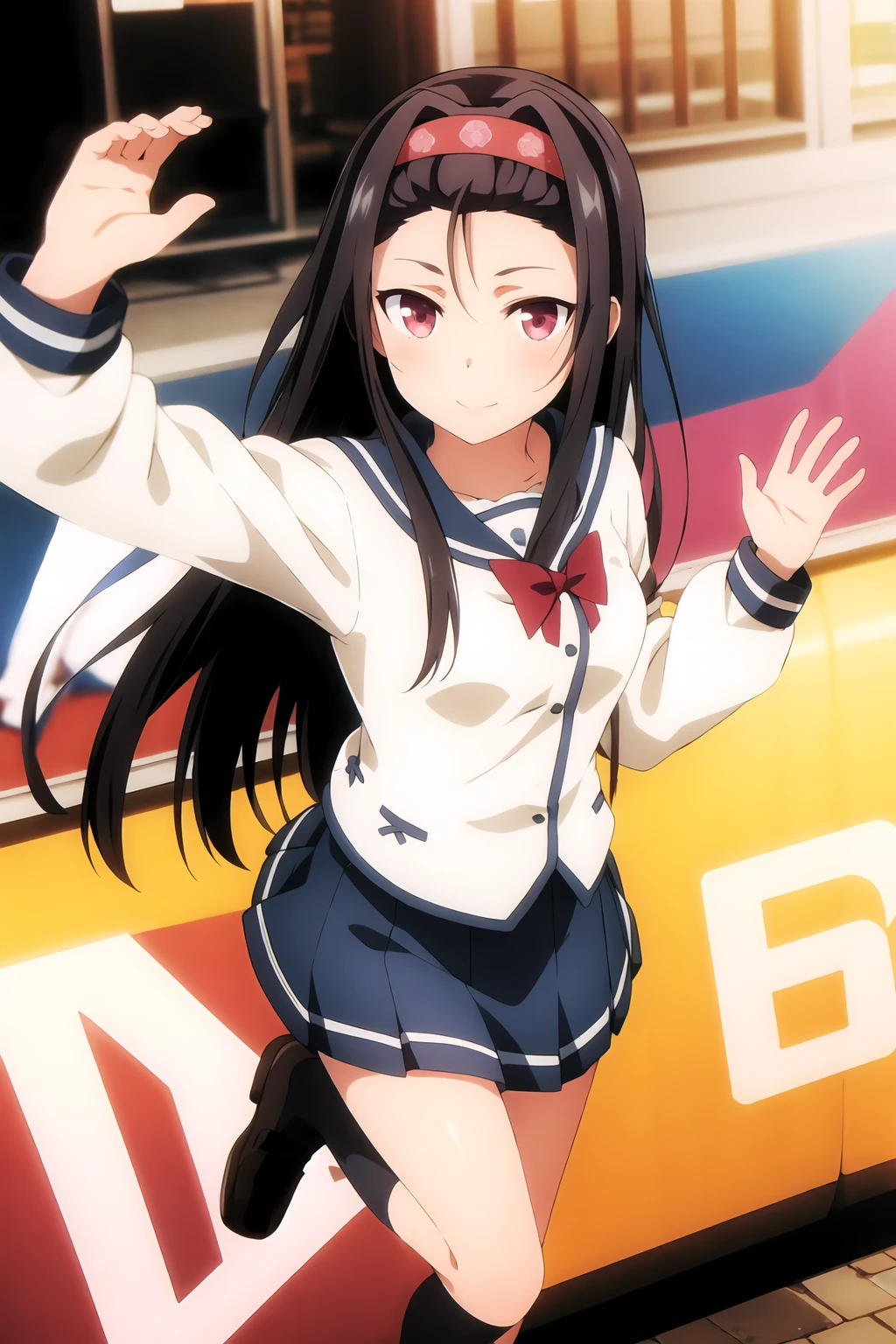 In underwear、Panties in full view、白のパンティ、Blue Stripes々Large bra 1, 1girl, asahina mikuru, long hair, kita high , solo, short sleeves, red ribbon, large breasts, cowboy shot, waving, outdoors, leaning forward,