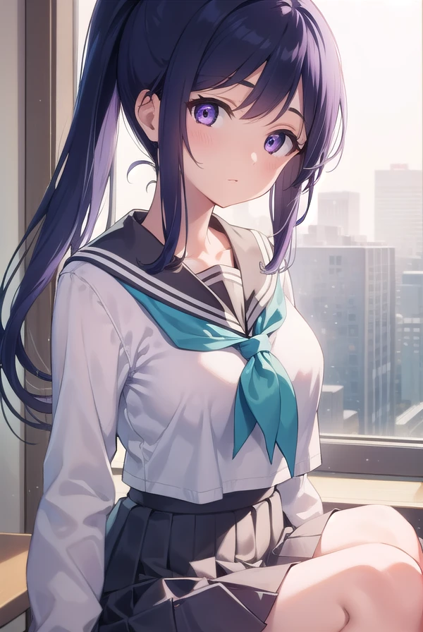 kananmatsuura, <lora:kananmatsuura-lora-nochekaiser:1>, 
kanan matsuura, blue hair, long hair, ponytail, (purple eyes:1.1), sidelocks, (medium breast:1.2),
BREAK aqua neckerchief, grey sailor collar, grey skirt, miniskirt, neckerchief, pleated skirt, sailor collar, sailor shirt, school uniform, serafuku, shirt, skirt, summer uniform, uranohoshi school uniform, white shirt,
BREAK looking at viewer, 
BREAK indoors, classroom,
BREAK <lyco:GoodHands-beta2:1>, (masterpiece:1.2), best quality, high resolution, unity 8k wallpaper, (illustration:0.8), (beautiful detailed eyes:1.6), extremely detailed face, perfect lighting, extremely detailed CG, (perfect hands, perfect anatomy),