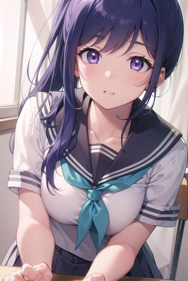 kananmatsuura, <lora:kananmatsuura-lora-nochekaiser:1>,
kanan matsuura, blue hair, long hair, ponytail, (purple eyes:1.1), sidelocks, (medium breast:1.2),
BREAK aqua neckerchief, grey sailor collar, grey skirt, miniskirt, neckerchief, pleated skirt, sailor collar, sailor shirt, school uniform, serafuku, shirt, skirt, summer uniform, uranohoshi school uniform, white shirt,
BREAK looking at viewer,
BREAK indoors, classroom,
BREAK <lyco:GoodHands-beta2:1>, (masterpiece:1.2), best quality, high resolution, unity 8k wallpaper, (illustration:0.8), (beautiful detailed eyes:1.6), extremely detailed face, perfect lighting, extremely detailed CG, (perfect hands, perfect anatomy),