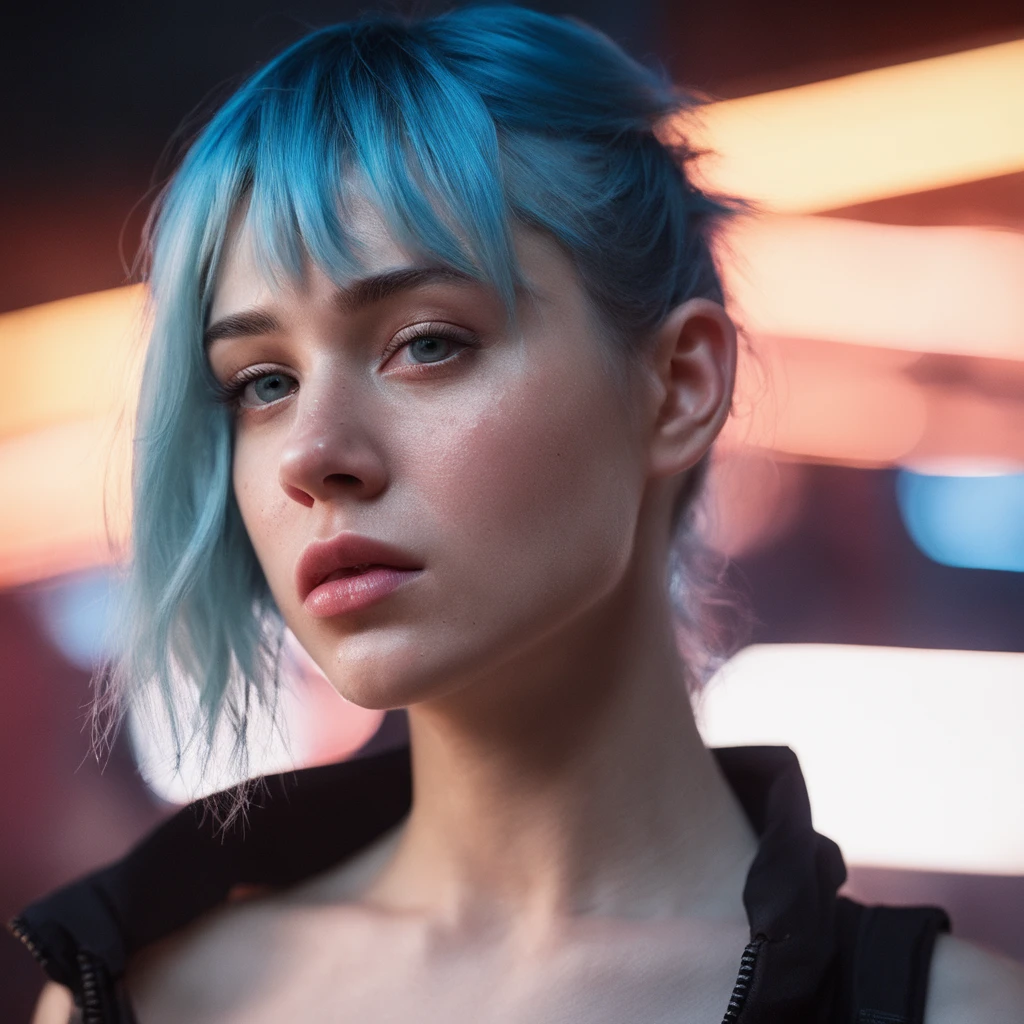 RAW photo, (photo flash:1.5) (fashion photography) (pictorialist style), fashion shot, realistic photo style, sharp focus,
(full body shot) of a 20 yo girl with ice blue hair in future clothes, angry or crying and sad looking, tearful and open-mouthed, reveal sorrow, open mouth, teary, tear, sorrow, crying, transparent liquid, water tears, glass tears, cute face, eye level, focus on eyes,
she ist wearing a sleek metallic jumpsuit with holographic accents, LED-lit seams, form-fitting silhouette, iridescent fabric, touch-responsive panels, adaptive color-changing, avant-garde asymmetry, integrated tech accessories, gravity-defying drapes, translucent mesh inserts, biomimetic textures, 3D-printed details, energy-efficient materials, microfiber sensors, minimalist cutouts, modular layering, neural interface compatibility, solar-charging capabilities
photo location is a night scene from blade runner movie: moviestill, (bright dazzling neon lights:1.3), futuristic skyline, neon-lit alleys, rain-soaked pavement, towering skyscrapers, gritty urban sprawl, synthetic humans, bustling crowds, holographic billboards, flying vehicles, dimly lit shops, cyberpunk aesthetics, dystopian atmosphere, steamy vents, flickering lights, androids in shadows, moody reflections, artificial intelligence, techno-noir setting, dark mysteries, urban decay, rain-slicked streets, augmented reality, electronic hum, metropolitan dystopia, eerie silence, urban isolation, polluted skies, neon glow, tech-enhanced crime, melancholic undertones, enigmatic figures, uncertain future, digital billboards, glimmering advertisements, corporate dominance, haunting alleys, tech noir ambiance, abandoned corners, cybernetic implants, forbidden desires, existential questions, artificial lifeforms, ethereal music, looming architecture
dappled light on face, pale skin, no make-up, detailed face and eyes, natural skin texture, (highly detailed skin:1.1), (textured skin:1.1), (skin pores:1.1), (oiled shiny skin:0.5), (skin blemish:1.2), (imperfect skin:1.1), intricate skin details, visible skin detail, detailed skin texture, detailed eyes, round iris, remarkable detailed pupils, light reflections in her eye, visible cornea, highly detailed iris, tiny blood vessels in the eye, small freckles, wrinkles, pimples, beauty spot, <lora:polyhedron_all_sdxl-000004:0.7>
celluloid's unique character, film grain, (no depth of field:1.5), movie shot with (panavision panaflex gold camera:1.1) on (celluloid:1.2), shot by ridley scott, shot by Denis Villeneuve, best quality, masterpiece, ultra high res, (photorealistic:1.4), 8K raw photo, professional photography, award winning photo, ((light)) photography