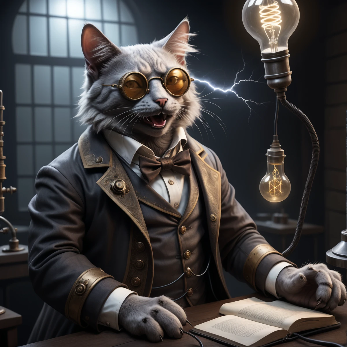 old evil scientist, (((cat))), psycho, laughing, science coat, dark experiments, electricity sparks, victorian, dark science lab, steampunk sun glasses, dark atmosphere, Homunculus