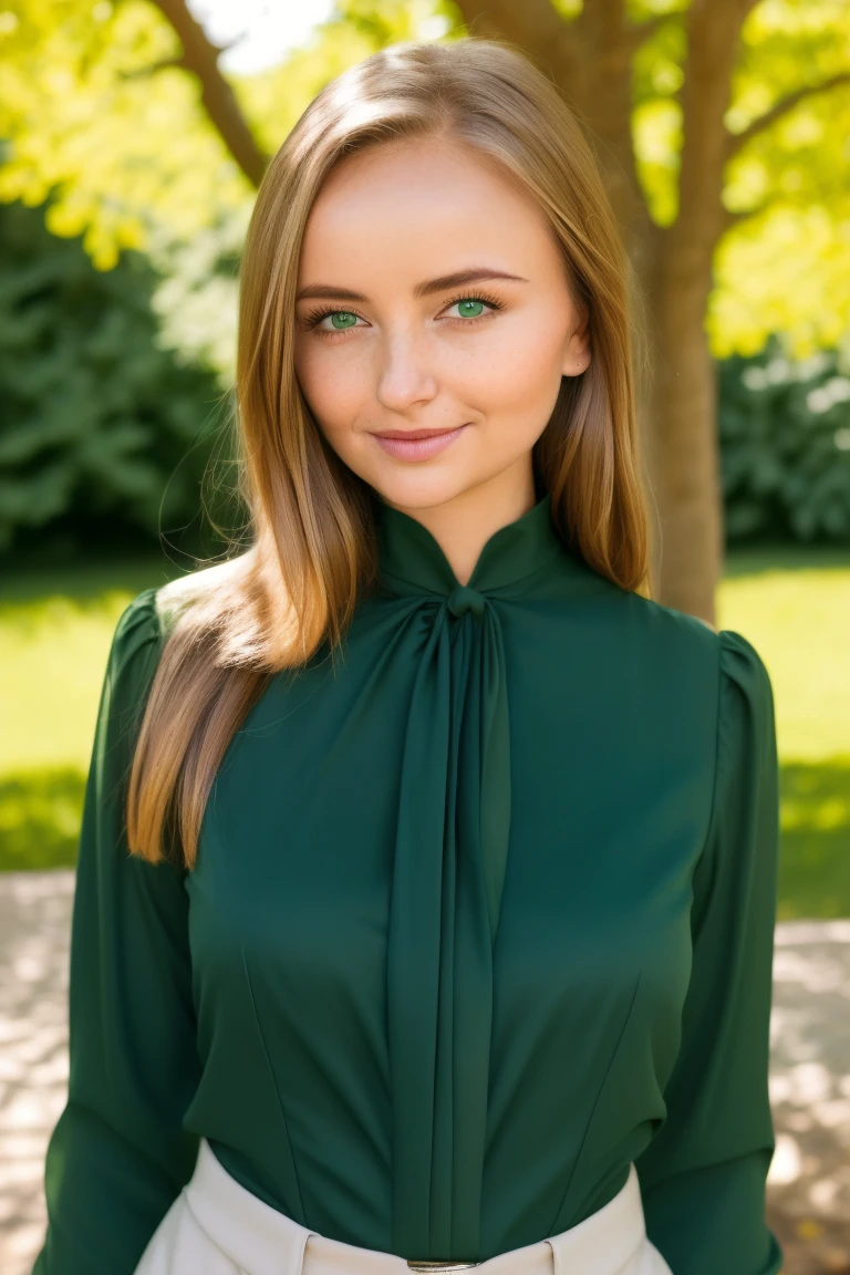A stunning intricate full color portrait of a woman,wearing a green high neck blouse, happy, epic character composition,by ilya kuvshinov, alessio albi, nina masic,sharp focus, natural lighting, subsurface scattering, f2, 35mm, film grain, portait, closeup, very detailed skin texture <lora:LadyBug:1>