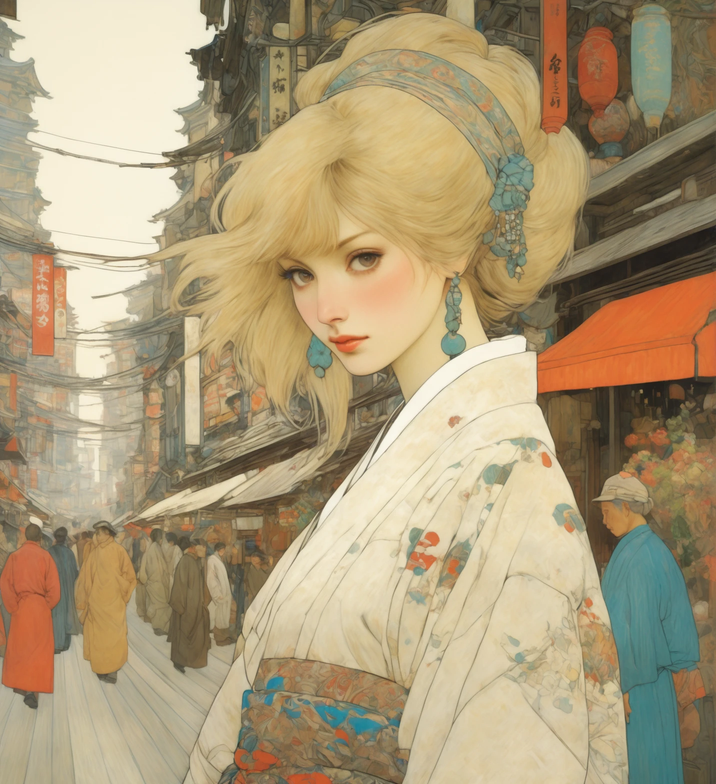 anime art, in the style of hyper detailed illustrations, serene faces, viktor vasnetsov, a woman in a Tokyo street shopping, fashion advertising style