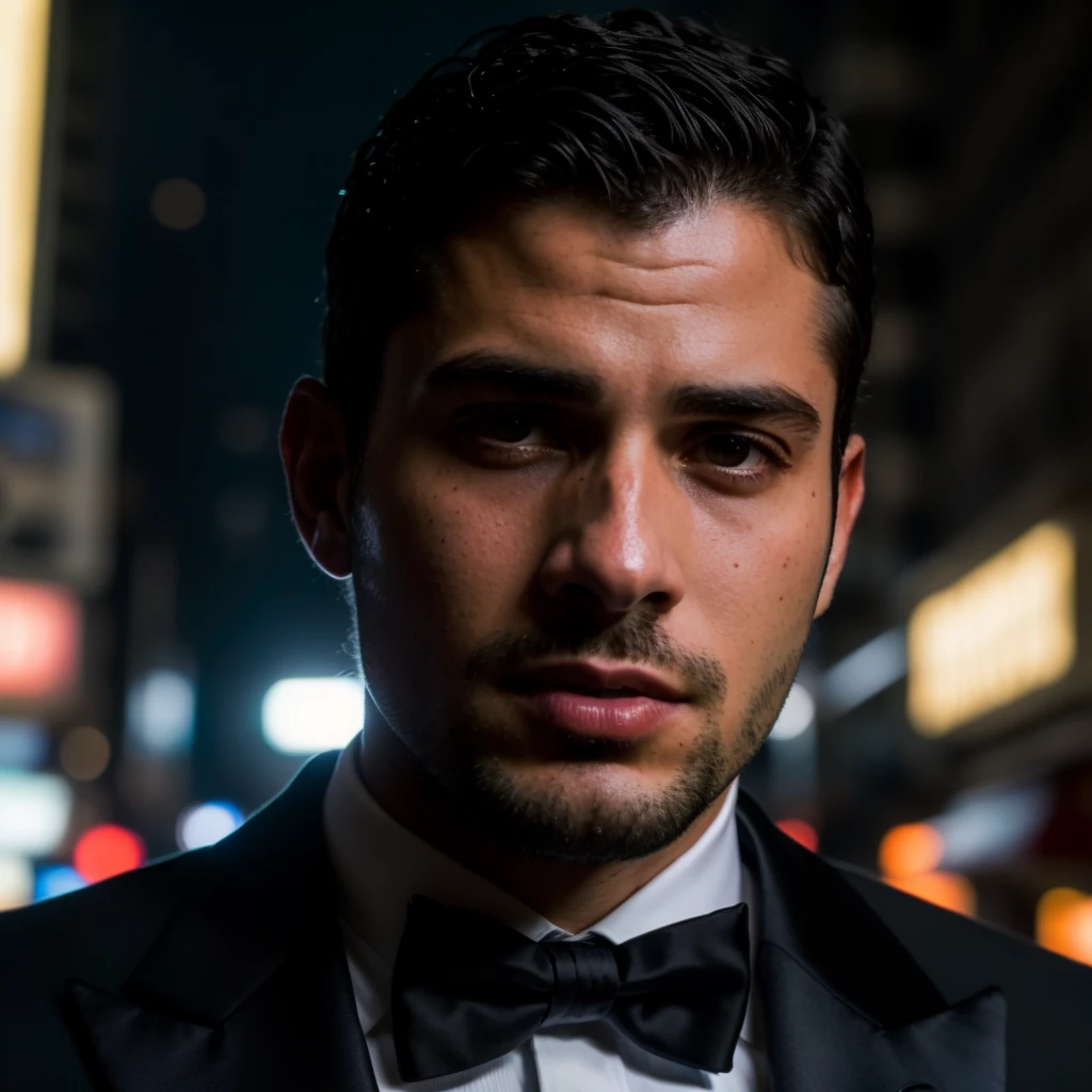 face portrait of bababruno person using a tuxedo, in blade runner, professional photography, high resolution, 4k, detailed photo, <lora:bababruno_36450:1>