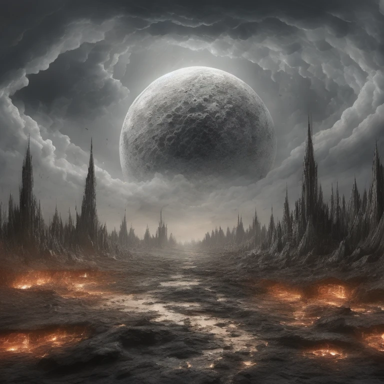 1 girl,solo,moon, no humans, scenery, sky, night, outdoors,universe,galaxy, fire sky, fantasy <lora:DeathMoon:0.8>