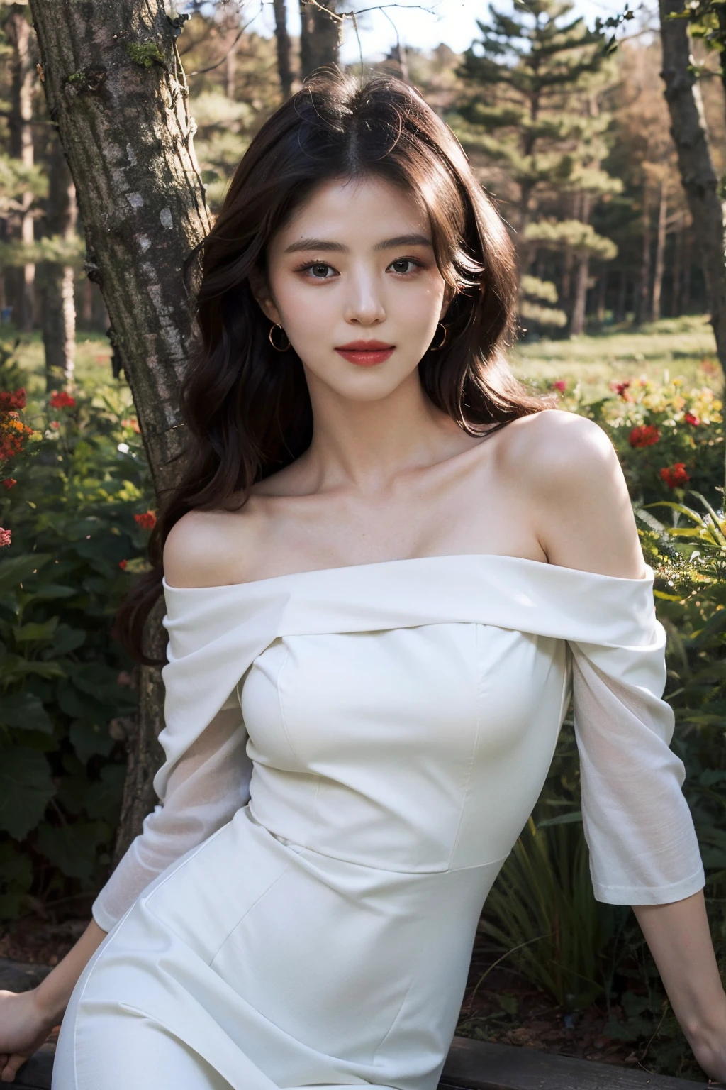 (masterpiece), a stunning photograph of young gorgeous woman, half body crop, 8k, raw photo, looking at viewer, (highly detailed skin:1.2),(photorealistic:1.4), white long dress, wild flowers field, solo, jewelry, earrings, brown hair, (looking at viewer), long hair, brown eyes, portrait, realistic, smile, makeup, forest in background, off shoulder