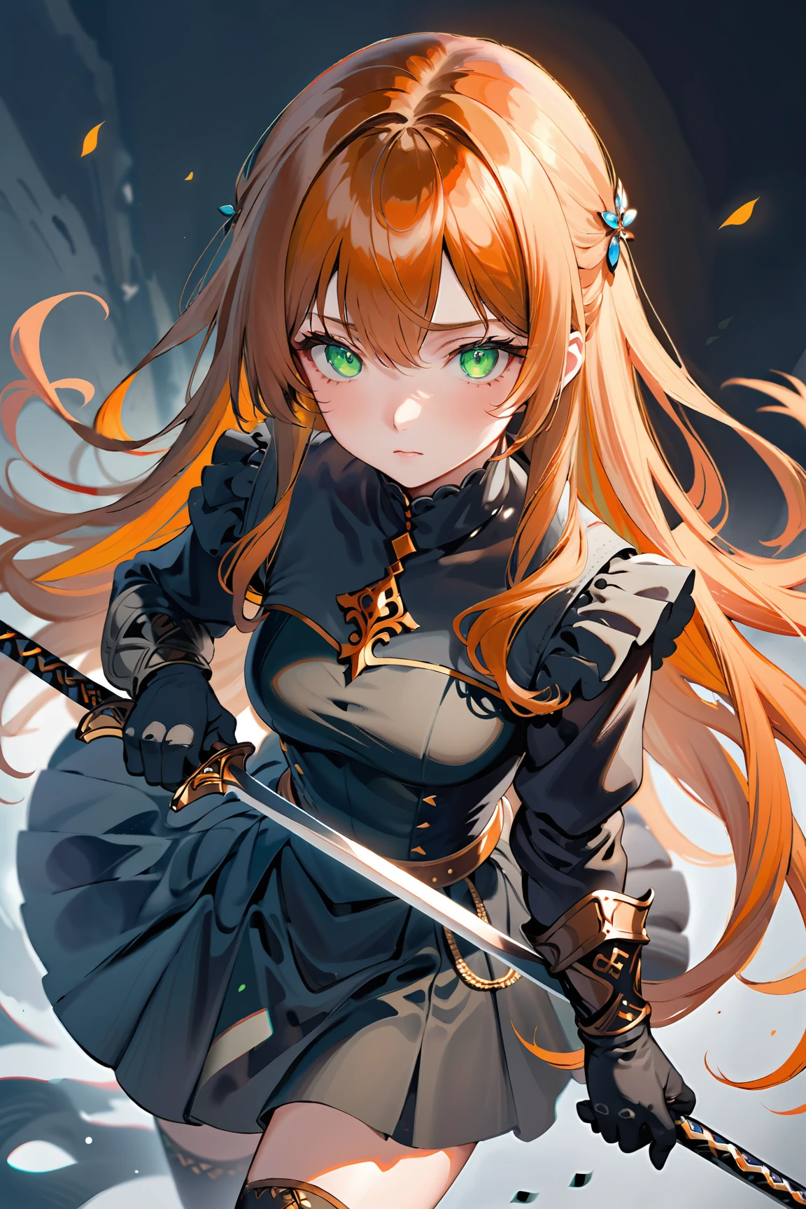 ultra-detailed,(best quality),((masterpiece)),(highres),original,extremely detailed 8K wallpaper,(an extremely delicate and beautiful),((detailed face)),beautiful detail eyes,
anime
1girl, solo, long hair, gloves, green eyes, holding, black gloves, looking at viewer, hair between eyes, weapon, closed mouth, bangs, long sleeves, orange hair, pantyhose, holding weapon, skirt, white background, sword, jewelry, dress, black dress, frills, from above,