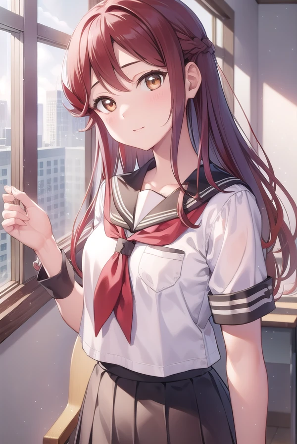 rikosakurauchi, <lora:rikosakurauchi-lora-nochekaiser:1>,
riko sakurauchi, (brown eyes:1.5), hair between eyes, long hair, (red hair:1.5), (small breast:1.2),
BREAK grey skirt, neckerchief, pleated skirt, red neckerchief, school uniform, serafuku, shirt, short sleeves, skirt, white shirt, uranohoshi school uniform,
BREAK looking at viewer,
BREAK indoors, classroom,
BREAK <lyco:GoodHands-beta2:1>, (masterpiece:1.2), best quality, high resolution, unity 8k wallpaper, (illustration:0.8), (beautiful detailed eyes:1.6), extremely detailed face, perfect lighting, extremely detailed CG, (perfect hands, perfect anatomy),