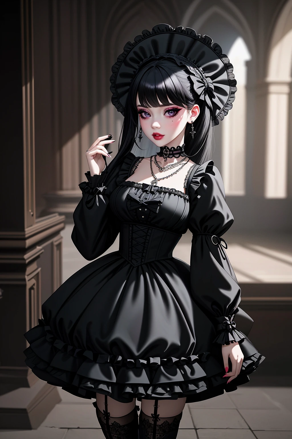 ((Masterpiece, best quality)), edgQuality,bimbo,glossy,
GothGal, a woman in a black dress posing for a picture, frills, lace ,short sleeves, choker, lace gloves,necklace, woman wearing a GothGal outfit
 <lora:edgGothGal_MINI:1>