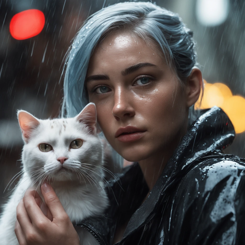 RAW photo, (photo flash:1.5) (fashion photography) (pictorialist style), fashion shot, realistic photo style, sharp focus,
(full body shot) of a 20 yo girl with ice blue hair in future clothes, angry or crying and sad looking, tearful and open-mouthed, reveal sorrow, open mouth, teary, tear, sorrow, crying, transparent liquid, water tears, glass tears, cute face, eye level, focus on eyes,
she ist wearing a sleek metallic jumpsuit with holographic accents, LED-lit seams, form-fitting silhouette, iridescent fabric, touch-responsive panels, adaptive color-changing, avant-garde asymmetry, integrated tech accessories, gravity-defying drapes, translucent mesh inserts, biomimetic textures, 3D-printed details, energy-efficient materials, microfiber sensors, minimalist cutouts, modular layering, neural interface compatibility, solar-charging capabilities
She is holding a white cat, rain, (wet fur:1.2), water droplets, puddles, drenched, shimmering, damp paws, misty air, whiskers glistening, gray skies, reflective eyes, soggy whiskers, damp nose, fur clinging, splashing, damp coat, rainy day, water-soaked, watery world
photo location is a night scene from blade runner : movie, (bright dazzling neon lights:1.3), futuristic skyline, neon-lit alleys, rain-soaked pavement, towering skyscrapers, gritty urban sprawl, synthetic humans, bustling crowds, holographic billboards, flying vehicles, dimly lit shops, cyberpunk aesthetics, dystopian atmosphere, steamy vents, flickering lights, androids in shadows, moody reflections, artificial intelligence, techno-noir setting, dark mysteries, urban decay, rain-slicked streets, augmented reality, electronic hum, metropolitan dystopia, eerie silence, urban isolation, polluted skies, neon glow, tech-enhanced crime, melancholic undertones, enigmatic figures, uncertain future, digital billboards, glimmering advertisements, corporate dominance, haunting alleys, tech noir ambiance, abandoned corners, cybernetic implants, forbidden desires, existential questions, artificial lifeforms, ethereal music, looming architecture
dappled light on face, pale skin, no make-up, detailed face and eyes, natural skin texture, (highly detailed skin:1.1), (textured skin:1.1), (skin pores:1.1), (oiled shiny skin:0.5), (skin blemish:1.2), (imperfect skin:1.1), intricate skin details, visible skin detail, detailed skin texture, detailed eyes, round iris, remarkable detailed pupils, light reflections in her eye, visible cornea, highly detailed iris, tiny blood vessels in the eye, small freckles, wrinkles, pimples, beauty spot, <lora:polyhedron_all_sdxl-000004:0.7>
celluloid's unique character, film grain, (no depth of field:1.5), movie shot (panavision panaflex gold camera:1.1) on (celluloid:1.2), shot by ridley scott, shot by Denis Villeneuve, best quality, masterpiece, ultra high res, (photorealistic:1.4), 8K raw photo, professional photography, award winning photo, ((light)) photography
