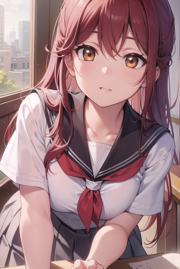 rikosakurauchi, <lora:rikosakurauchi-lora-nochekaiser:1>,
riko sakurauchi, (brown eyes:1.5), hair between eyes, long hair, (red hair:1.5), (small breast:1.2),
BREAK grey skirt, neckerchief, pleated skirt, red neckerchief, school uniform, serafuku, shirt, short sleeves, skirt, white shirt, uranohoshi school uniform,
BREAK looking at viewer,
BREAK indoors, classroom,
BREAK <lyco:GoodHands-beta2:1>, (masterpiece:1.2), best quality, high resolution, unity 8k wallpaper, (illustration:0.8), (beautiful detailed eyes:1.6), extremely detailed face, perfect lighting, extremely detailed CG, (perfect hands, perfect anatomy),