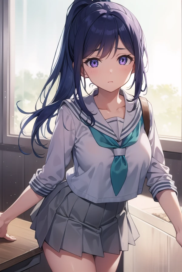 kananmatsuura, <lora:kananmatsuura-lora-nochekaiser:1>,
kanan matsuura, blue hair, long hair, ponytail, (purple eyes:1.1), sidelocks, (medium breast:1.2),
BREAK aqua neckerchief, grey sailor collar, grey skirt, miniskirt, neckerchief, pleated skirt, sailor collar, sailor shirt, school uniform, serafuku, shirt, skirt, summer uniform, uranohoshi school uniform, white shirt,
BREAK looking at viewer,
BREAK indoors, classroom,
BREAK <lyco:GoodHands-beta2:1>, (masterpiece:1.2), best quality, high resolution, unity 8k wallpaper, (illustration:0.8), (beautiful detailed eyes:1.6), extremely detailed face, perfect lighting, extremely detailed CG, (perfect hands, perfect anatomy),