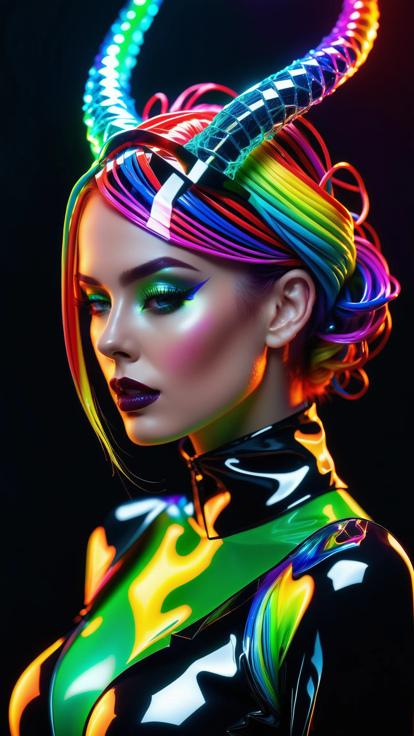 frilly hairstyle, latex dress, torso, body, 8k, ultra-detailed, highres, rainbow skin, shattered glass effect, (best quality, masterpiece:1.2), (deformad neon light:1.3), soft particles of fractal fire, volumetric lighting, (masterpiece, best quality), 1girl, intricate details, 8k, artstation, wallpaper, official art, splash art, sharp focus, dark atmosphere, black coat, black dress, cartoon for adults, white sleeves, sleeves past finger, sleeves past wrists, horns, (cottagetore), (geometric:1.2), futurism, impressionist, detailed, majestic, breathtaking, (suggestive:1.3), (depressing:1.3), (cute:1.2), enticing, (irresistible:1.3), disturbing, fascinating, (magnetic:1.2), (green), latex clothing, suggestive position, latex costume, Depth of field, vivid color, rainbow bloody veins growing and intertwining out of the darkness, (nailed wire), oozing thick blue blood, sharp neon, veins growing and pumping blood, vascular networks growing, under water