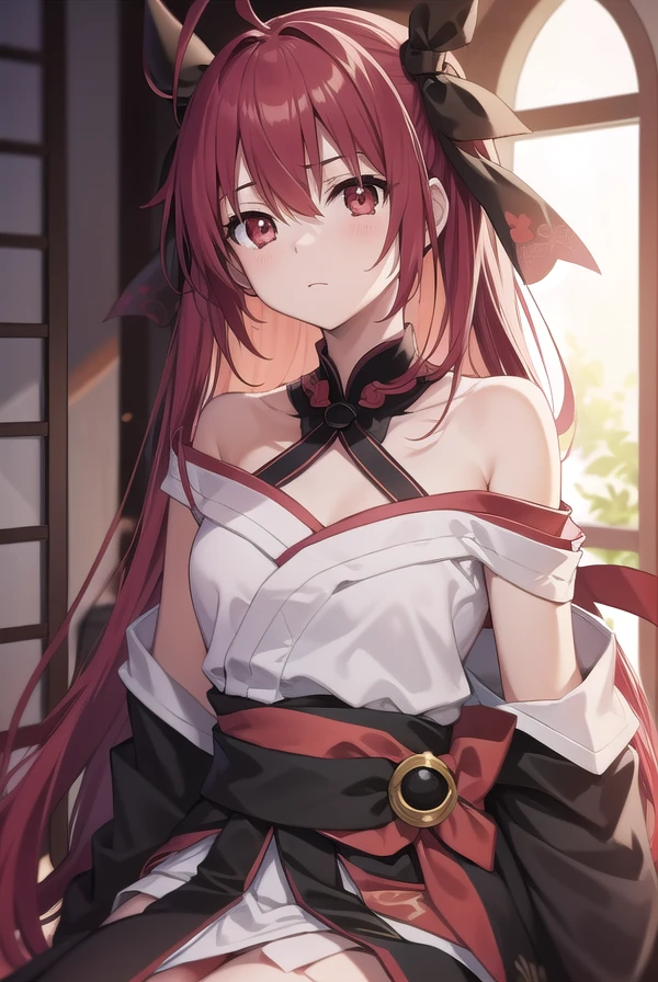 ((masterpiece,best quality)),2girls, black kimono, black legwear, black ribbon, black hair, cherry blossoms, day, flower, hair bun, hair ribbon, japanese clothes, kimono, long hair, looking at viewer, looking back, multiple girls, obi, outdoors, red eyes, red hair, ribbon, sandals, single hair bun, stairs, standing, statue, torii, tree, white kimono, yellow eyes,(nsfw:2)