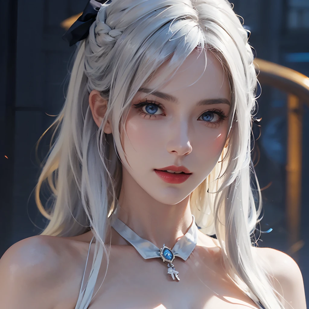 face lighting,bright backlight,(medium breasts:1.3),super high resolution,best quality,Photos,4k,(Realistic:1.4),Zero,1girl,white hair,(very long hair:1.1),blue eyes,hair bow,white dress,<lora:Zero_05:0.8>,