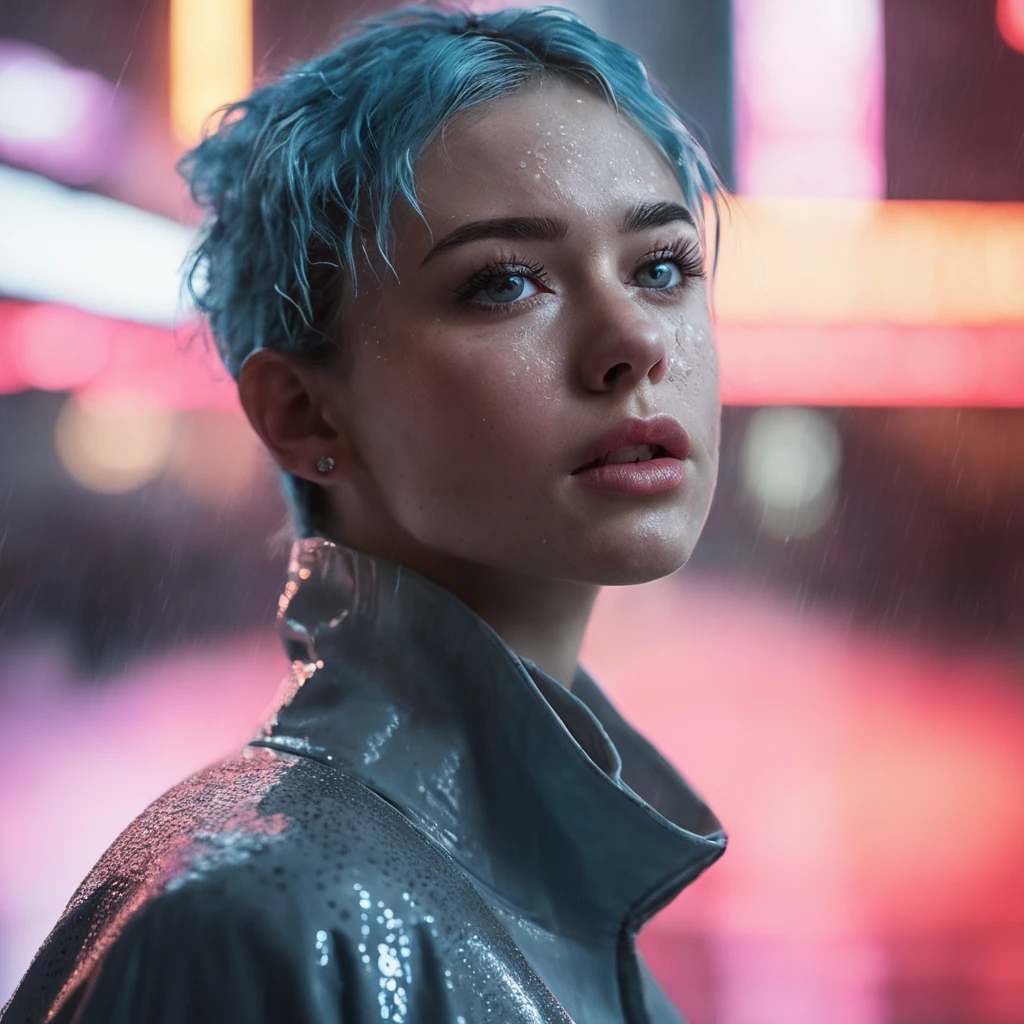 RAW photo, (photo flash:1.5) (fashion photography) (pictorialist style), fashion shot, realistic photo style, sharp focus,
(full body shot) of a 20 yo girl with ice blue hair in future clothes, angry or crying and sad looking, tearful and open-mouthed, reveal sorrow, open mouth, teary, tear, sorrow, crying, transparent liquid, water tears, glass tears, cute face, eye level, focus on eyes,
she ist wearing a sleek metallic jumpsuit with holographic accents, LED-lit seams, form-fitting silhouette, iridescent fabric, touch-responsive panels, adaptive color-changing, avant-garde asymmetry, integrated tech accessories, gravity-defying drapes, translucent mesh inserts, biomimetic textures, 3D-printed details, energy-efficient materials, microfiber sensors, minimalist cutouts, modular layering, neural interface compatibility, solar-charging capabilities
She is holding a white cat, rain, (wet fur:1.2), water droplets, puddles, drenched, shimmering, damp paws, misty air, whiskers glistening, gray skies, reflective eyes, soggy whiskers, damp nose, fur clinging, splashing, damp coat, rainy day, water-soaked, watery world
photo location is a night scene from blade runner : movie, (bright dazzling neon lights:1.3), futuristic skyline, neon-lit alleys, rain-soaked pavement, towering skyscrapers, gritty urban sprawl, synthetic humans, bustling crowds, holographic billboards, flying vehicles, dimly lit shops, cyberpunk aesthetics, dystopian atmosphere, steamy vents, flickering lights, androids in shadows, moody reflections, artificial intelligence, techno-noir setting, dark mysteries, urban decay, rain-slicked streets, augmented reality, electronic hum, metropolitan dystopia, eerie silence, urban isolation, polluted skies, neon glow, tech-enhanced crime, melancholic undertones, enigmatic figures, uncertain future, digital billboards, glimmering advertisements, corporate dominance, haunting alleys, tech noir ambiance, abandoned corners, cybernetic implants, forbidden desires, existential questions, artificial lifeforms, ethereal music, looming architecture
dappled light on face, pale skin, no make-up, detailed face and eyes, natural skin texture, (highly detailed skin:1.1), (textured skin:1.1), (skin pores:1.1), (oiled shiny skin:0.5), (skin blemish:1.2), (imperfect skin:1.1), intricate skin details, visible skin detail, detailed skin texture, detailed eyes, round iris, remarkable detailed pupils, light reflections in her eye, visible cornea, highly detailed iris, tiny blood vessels in the eye, small freckles, wrinkles, pimples, beauty spot, <lora:polyhedron_all_sdxl-000004:0.7>
celluloid's unique character, film grain, (no depth of field:1.5), movie shot (panavision panaflex gold camera:1.1) on (celluloid:1.2), shot by ridley scott, shot by Denis Villeneuve, best quality, masterpiece, ultra high res, (photorealistic:1.4), 8K raw photo, professional photography, award winning photo, ((light)) photography
