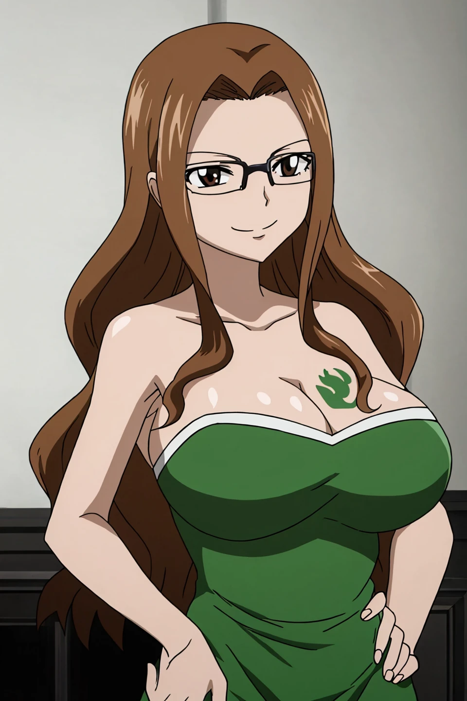 evergreen, fairy tail, anime art style, 1girl, solo, long_hair, breasts, looking_at_viewer, smile, large_breasts, brown_hair, dress, cleavage, bare_shoulders, brown_eyes, collarbone, glasses, hand_on_hip, strapless, tattoo, strapless_dress