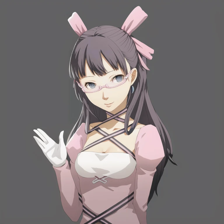 1girl, solo, <lora:Midori:1>, midoridesu, hair ribbon, pink dress, glasses, ribbon, <lora:Persona4protraits:0.8>, waving, purple hair