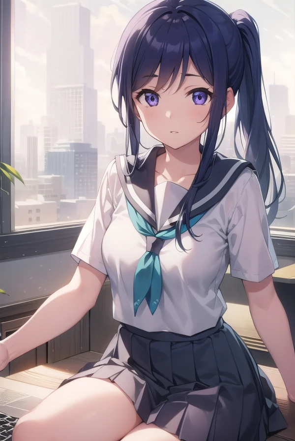 kananmatsuura, <lora:kananmatsuura-lora-nochekaiser:1>,
kanan matsuura, blue hair, long hair, ponytail, (purple eyes:1.1), sidelocks, (medium breast:1.2),
BREAK aqua neckerchief, grey sailor collar, grey skirt, miniskirt, neckerchief, pleated skirt, sailor collar, sailor shirt, school uniform, serafuku, shirt, skirt, summer uniform, uranohoshi school uniform, white shirt,
BREAK looking at viewer,
BREAK indoors, classroom,
BREAK <lyco:GoodHands-beta2:1>, (masterpiece:1.2), best quality, high resolution, unity 8k wallpaper, (illustration:0.8), (beautiful detailed eyes:1.6), extremely detailed face, perfect lighting, extremely detailed CG, (perfect hands, perfect anatomy),