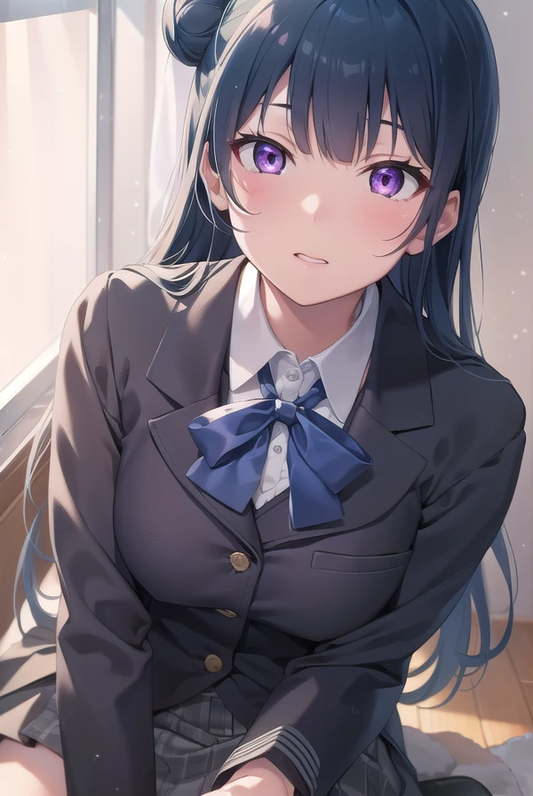 yoshikotsushima, <lora:yoshikotsushima-lora-nochekaiser:1>,
yoshiko tsushima, blue hair, hair bun, (purple eyes:1.1), single side bun, bangs, long hair, (small breast:1.2),
BREAK bow, bowtie, buttons, grey skirt, long sleeves, pleated skirt, school uniform, serafuku, skirt, uranohoshi school uniform, yellow bow, yellow bowtie, sleeveless,
BREAK looking at viewer,
BREAK indoors, classroom,
BREAK <lyco:GoodHands-beta2:1>, (masterpiece:1.2), best quality, high resolution, unity 8k wallpaper, (illustration:0.8), (beautiful detailed eyes:1.6), extremely detailed face, perfect lighting, extremely detailed CG, (perfect hands, perfect anatomy),