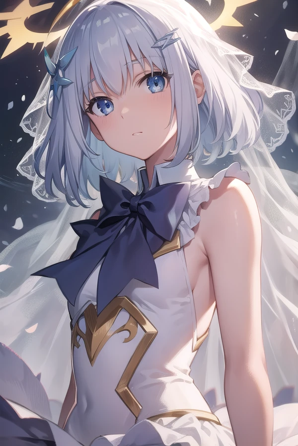 origamitobiichi, <lora:origamitobiichi-lora-nochekaiser:1>,
origami tobiichi, blue eyes, short hair, school uniform, white hair, hair clips, hair pins,
BREAK elbow gloves, frilled skirt, frills, gloves, skirt, white gloves, white skirt, (halo:1.5), wedding veil, veil, dress, white dress,
BREAK looking at viewer,
BREAK outdoors,
BREAK <lyco:GoodHands-beta2:1>, (masterpiece:1.2), best quality, high resolution, unity 8k wallpaper, (illustration:0.8), (beautiful detailed eyes:1.6), extremely detailed face, perfect lighting, extremely detailed CG, (perfect hands, perfect anatomy),